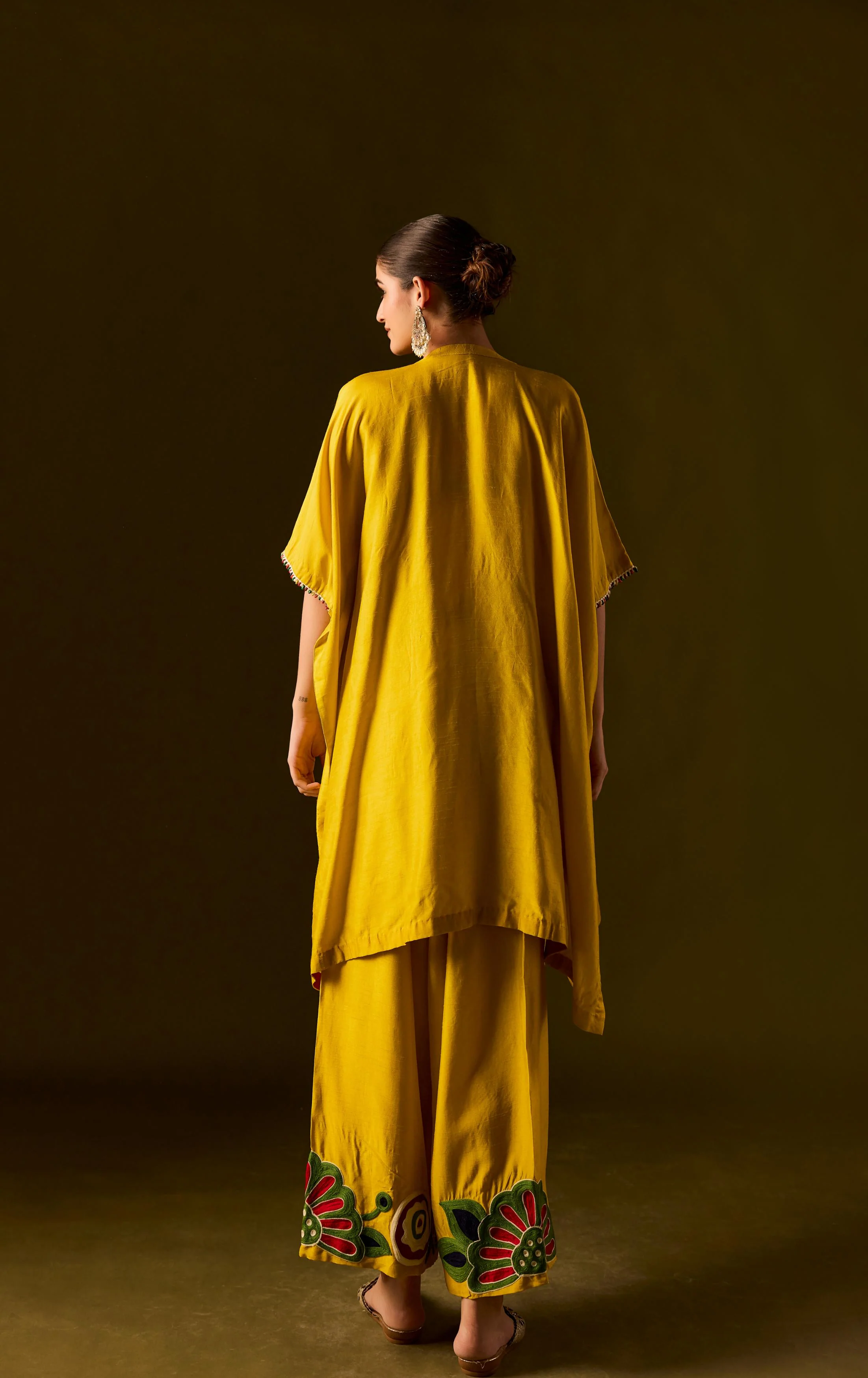 Lemon Yellow Embellished Premium Silk Kaftan Set - Image 7