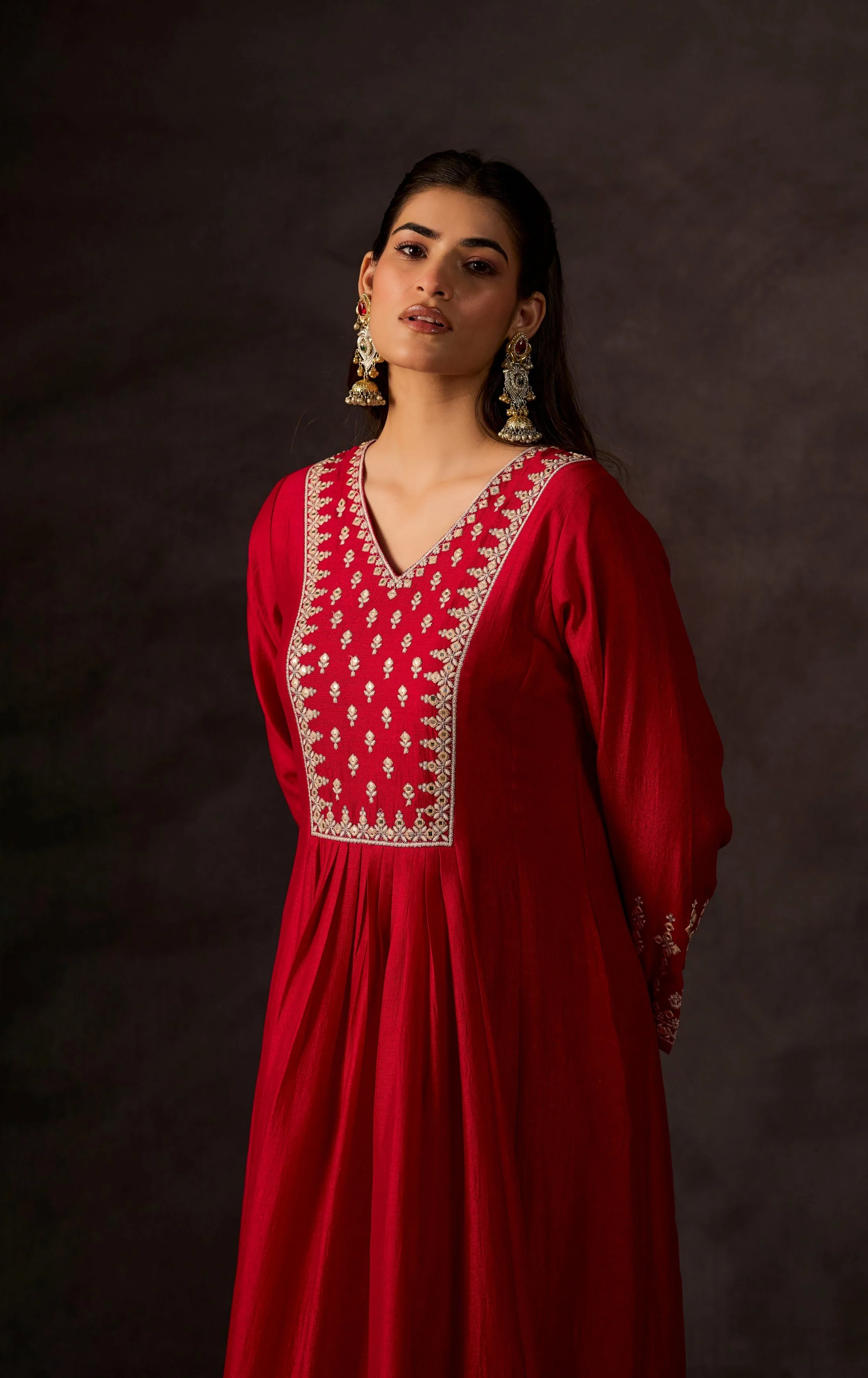 Red Embellished Raw Silk Anarkali Set - Image 3