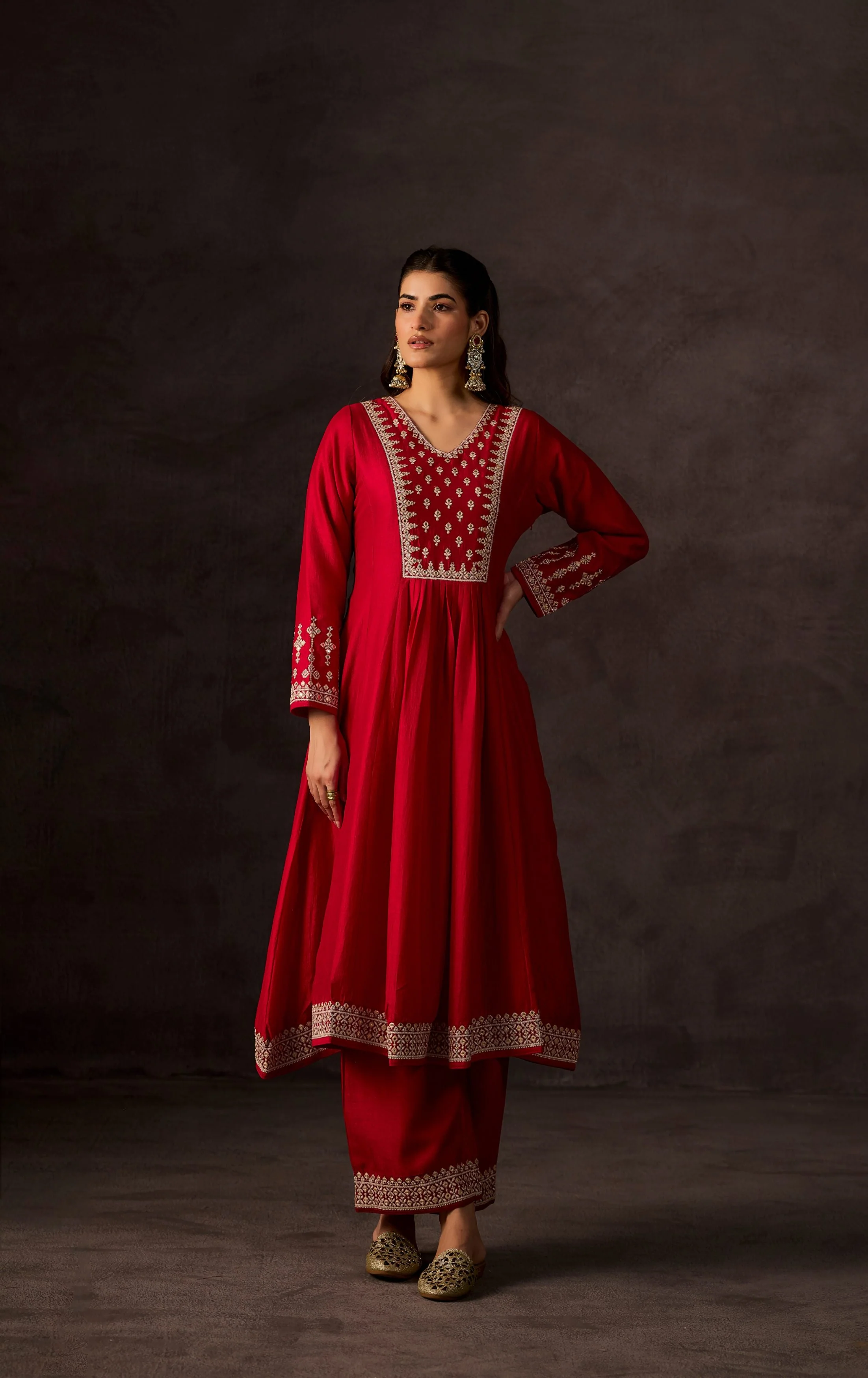 Red Embellished Raw Silk Anarkali Set - Image 4