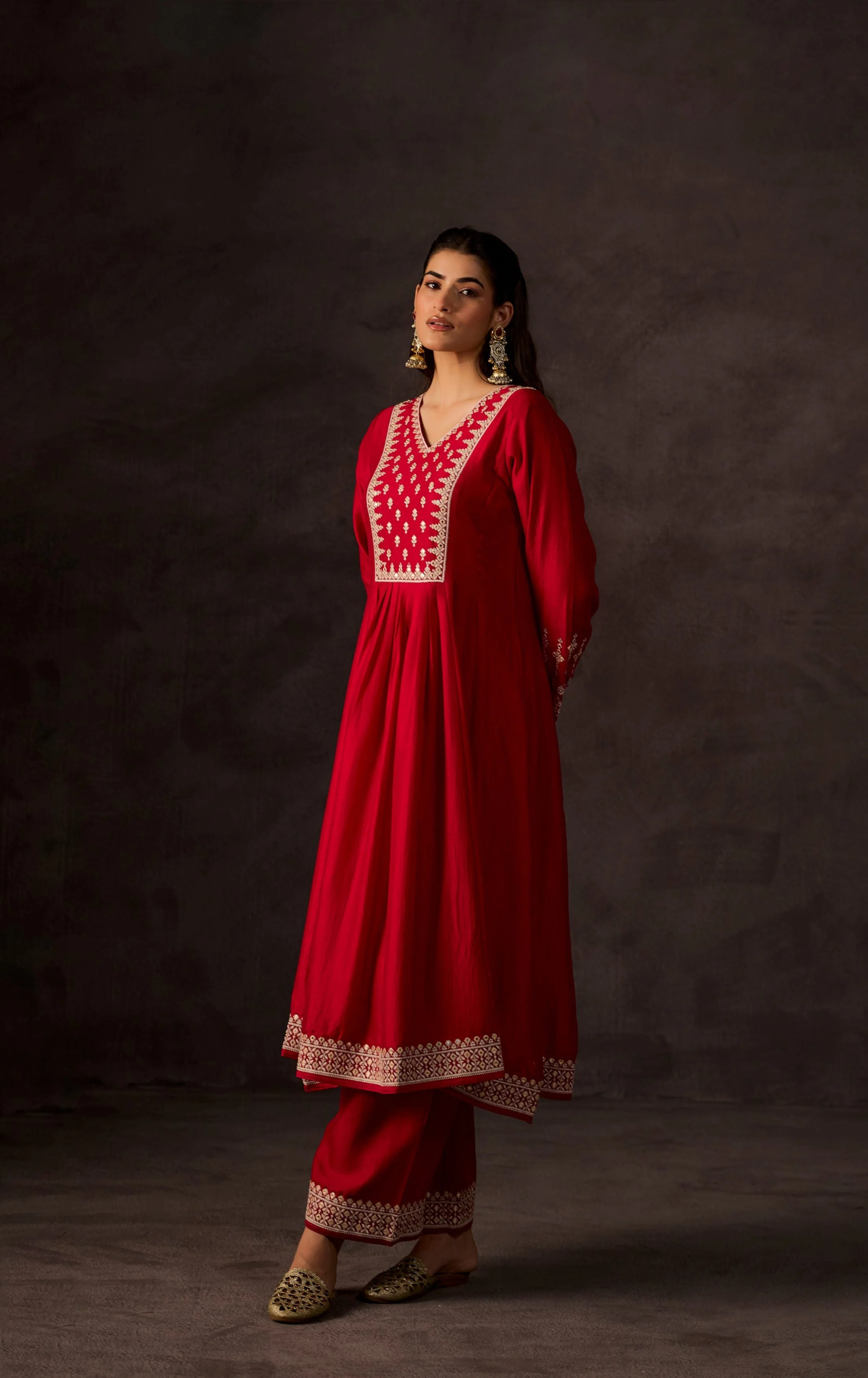 Red Embellished Raw Silk Anarkali Set - Image 5