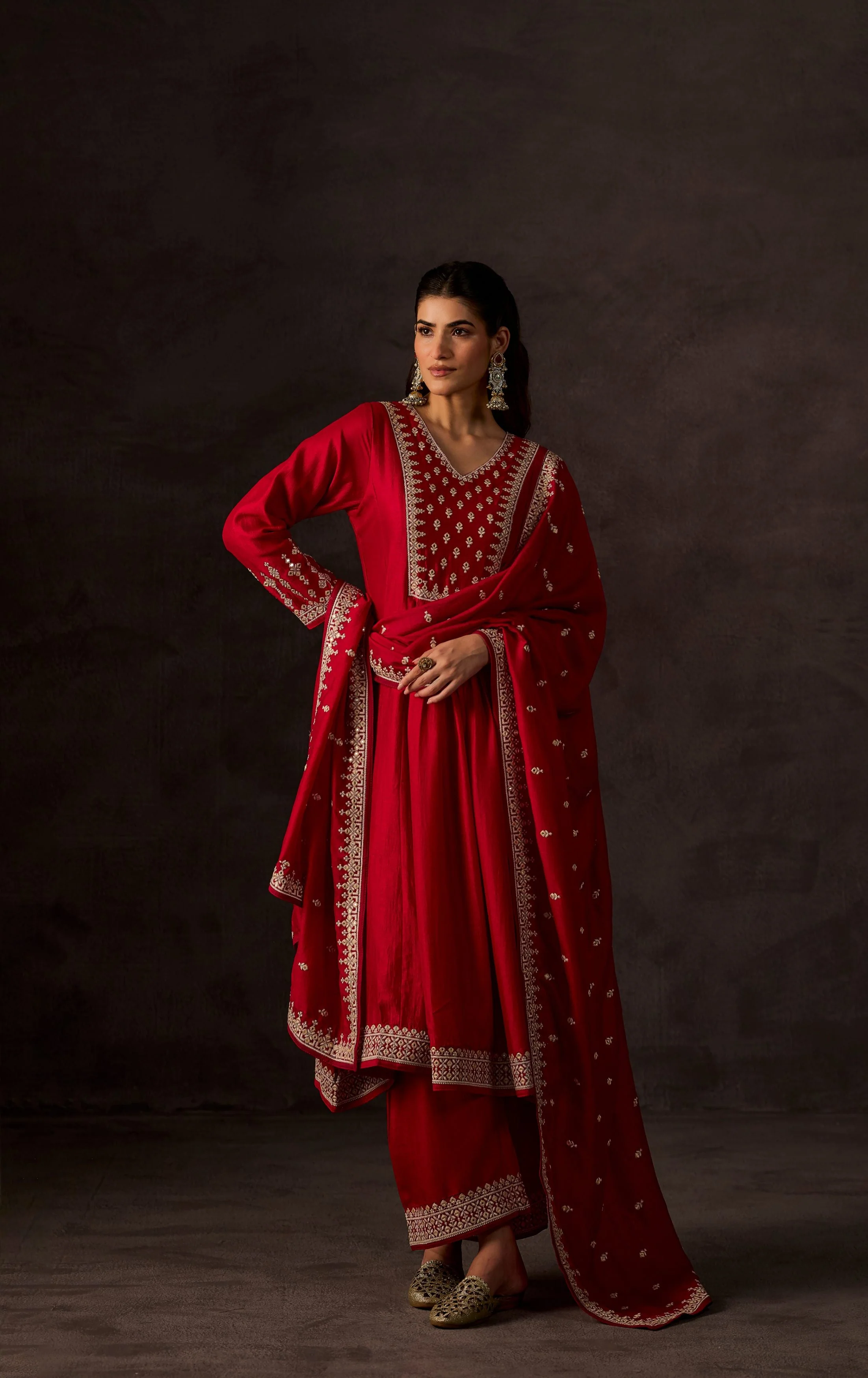 Red Embellished Raw Silk Anarkali Set - Image 6