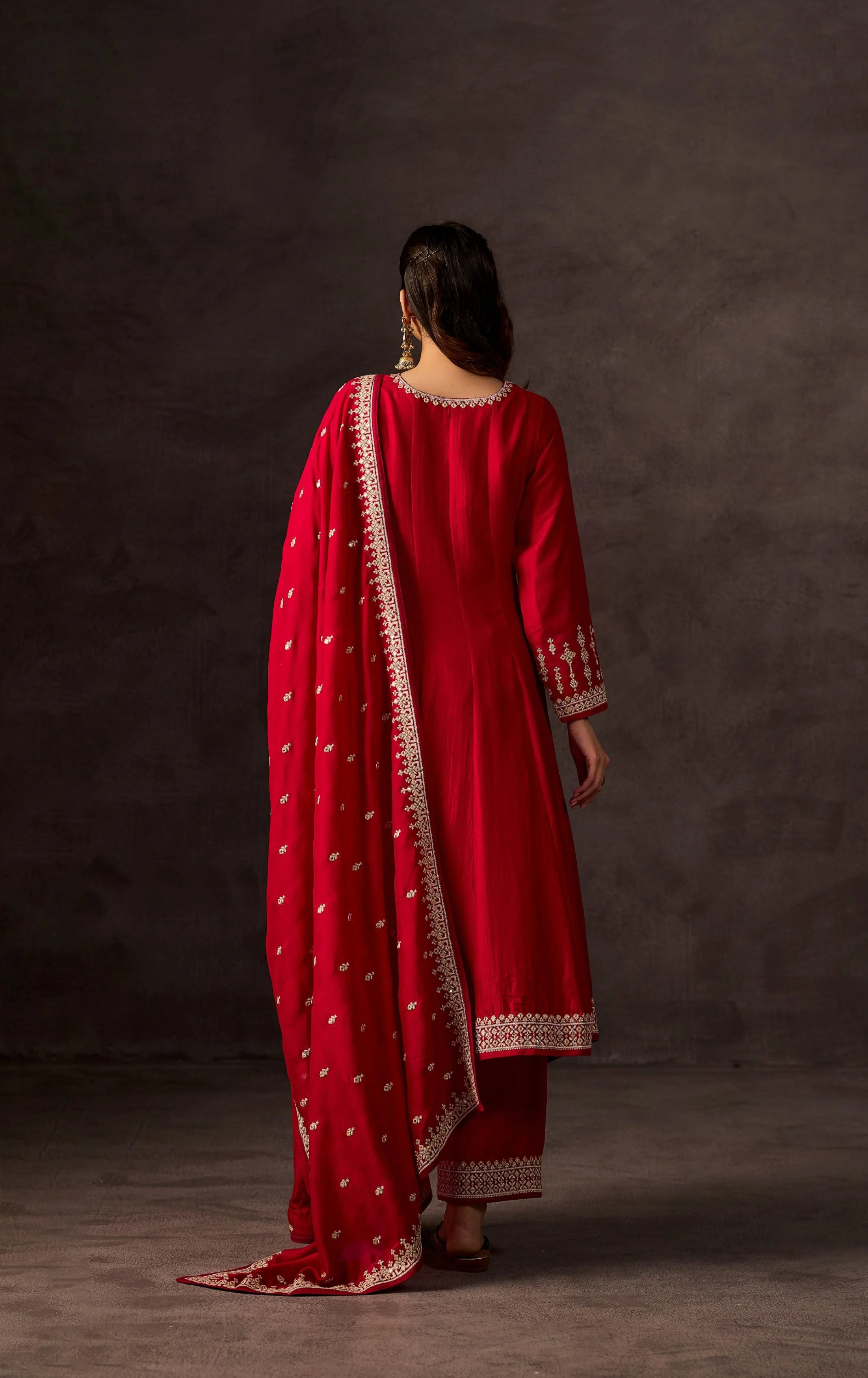 Red Embellished Raw Silk Anarkali Set - Image 7