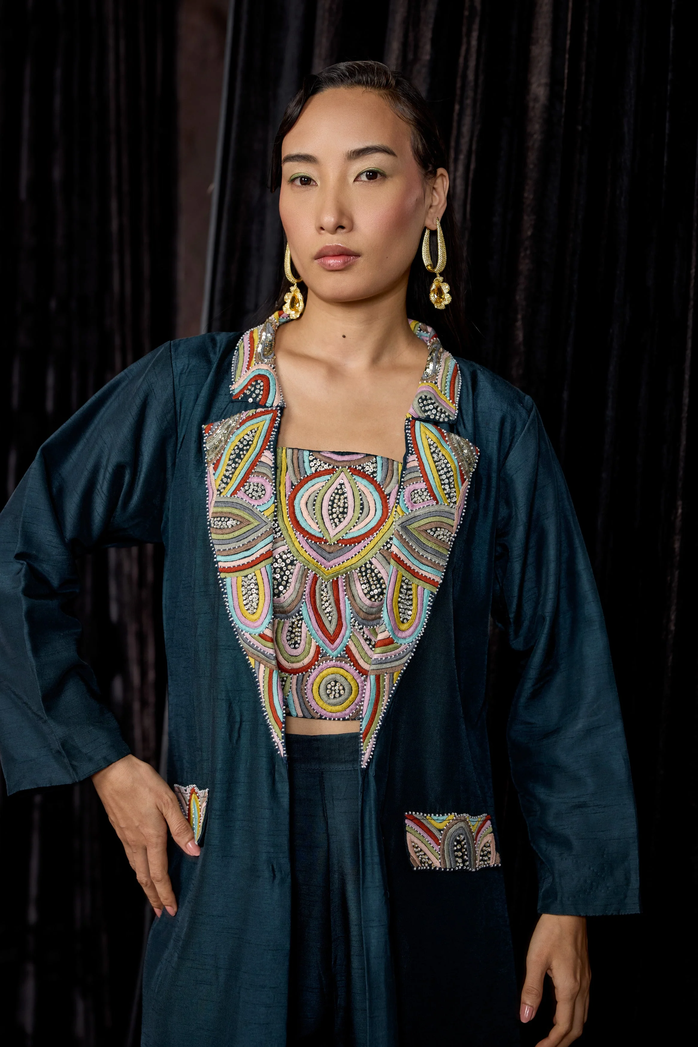 Teal Blue Embellished Raw Silk Co-Ord Set - Image 2