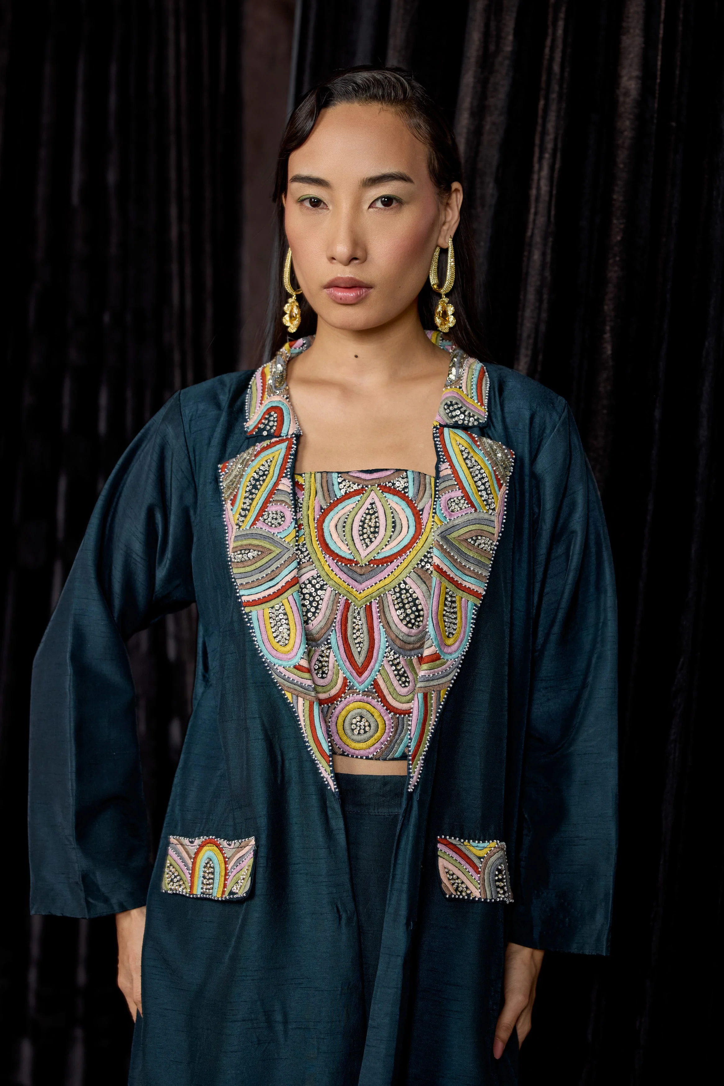 Teal Blue Embellished Raw Silk Co-Ord Set - Image 3