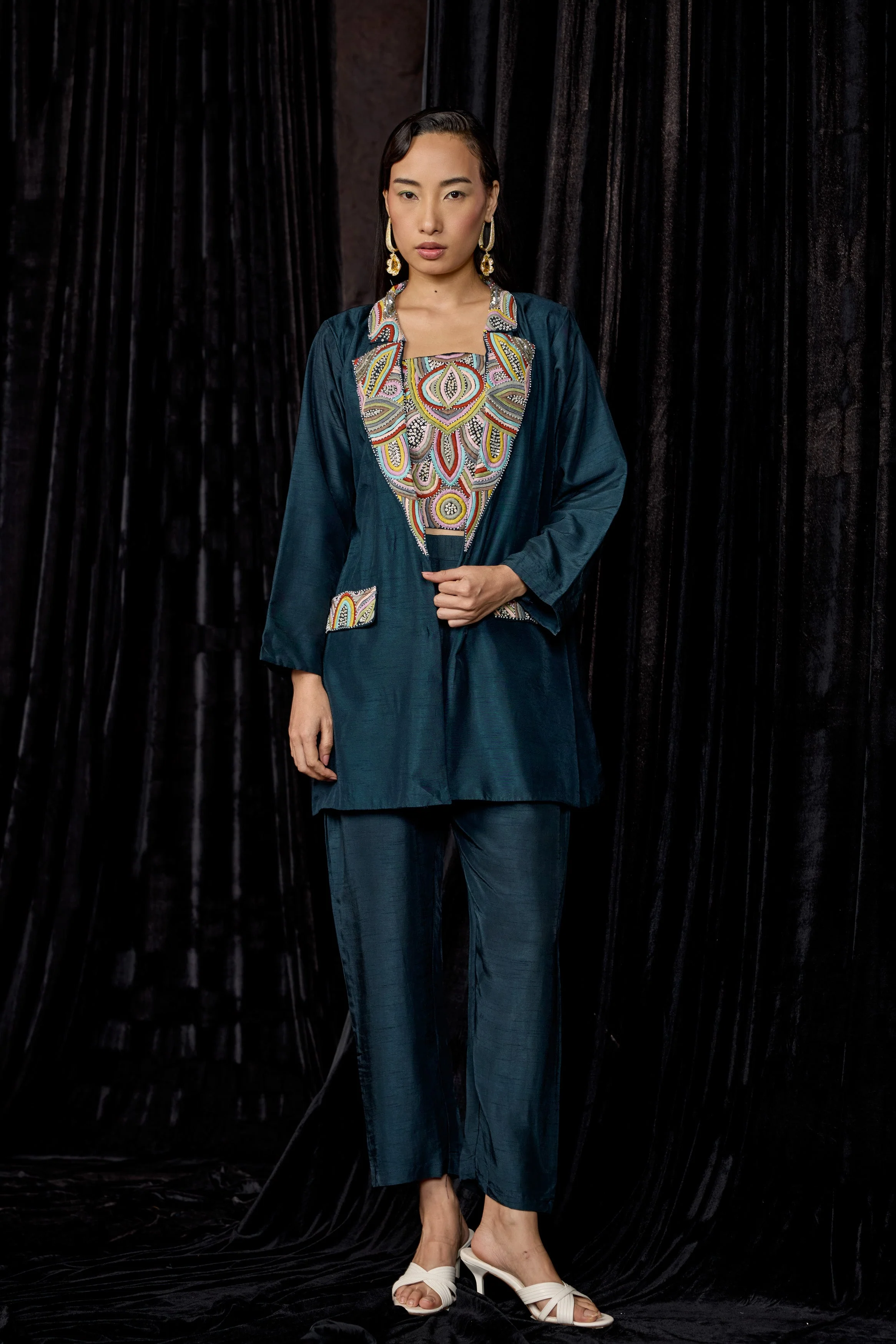 Teal Blue Embellished Raw Silk Co-Ord Set - Image 4