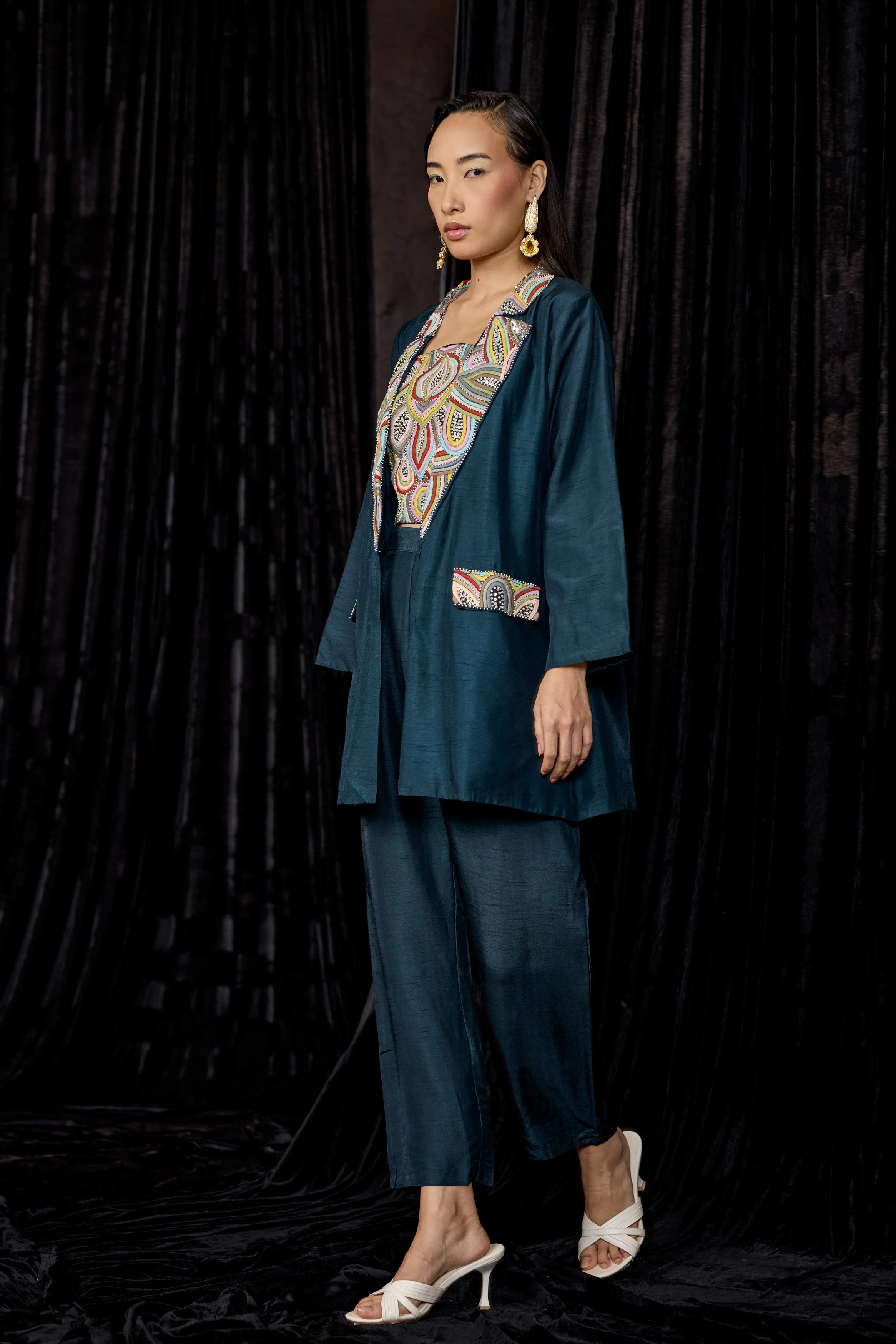 Teal Blue Embellished Raw Silk Co-Ord Set - Image 5
