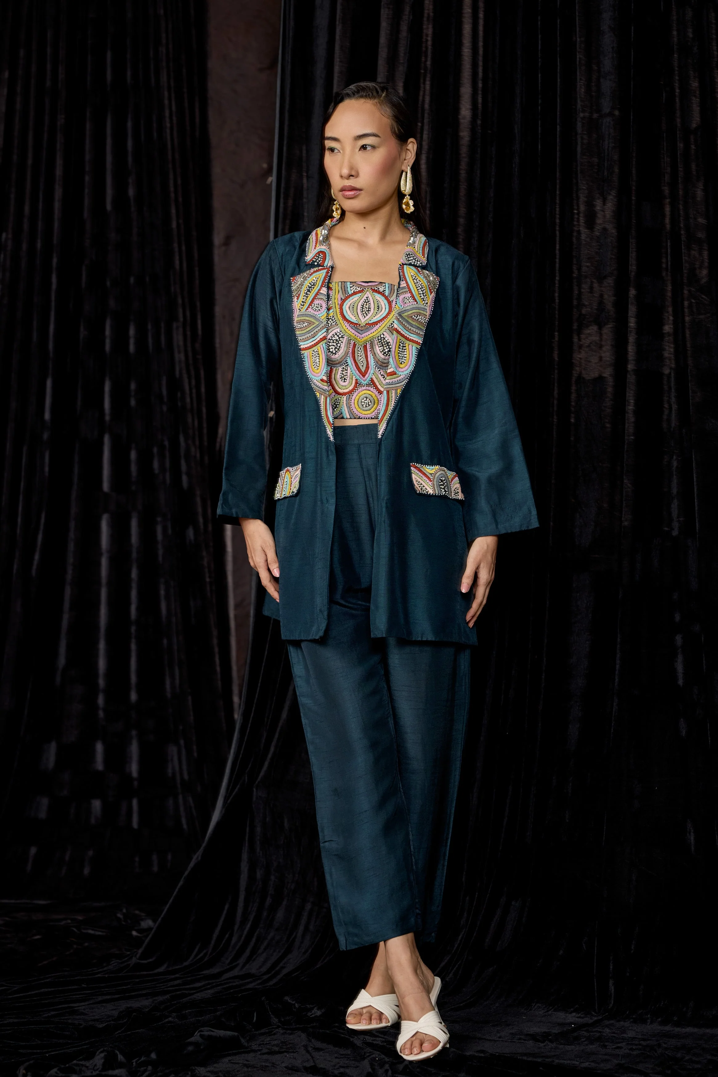 Teal Blue Embellished Raw Silk Co-Ord Set - Image 6