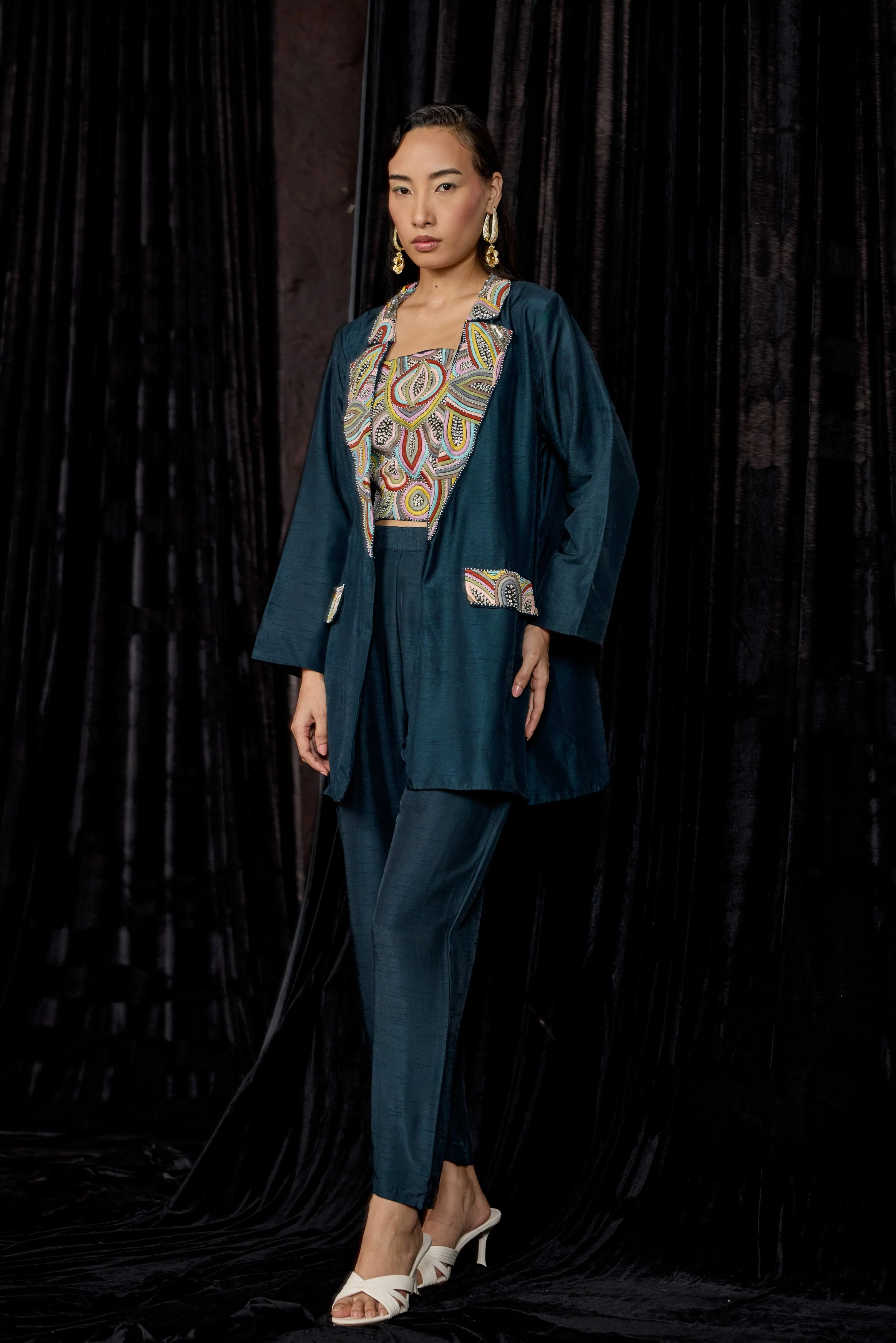 Teal Blue Embellished Raw Silk Co-Ord Set - Image 7