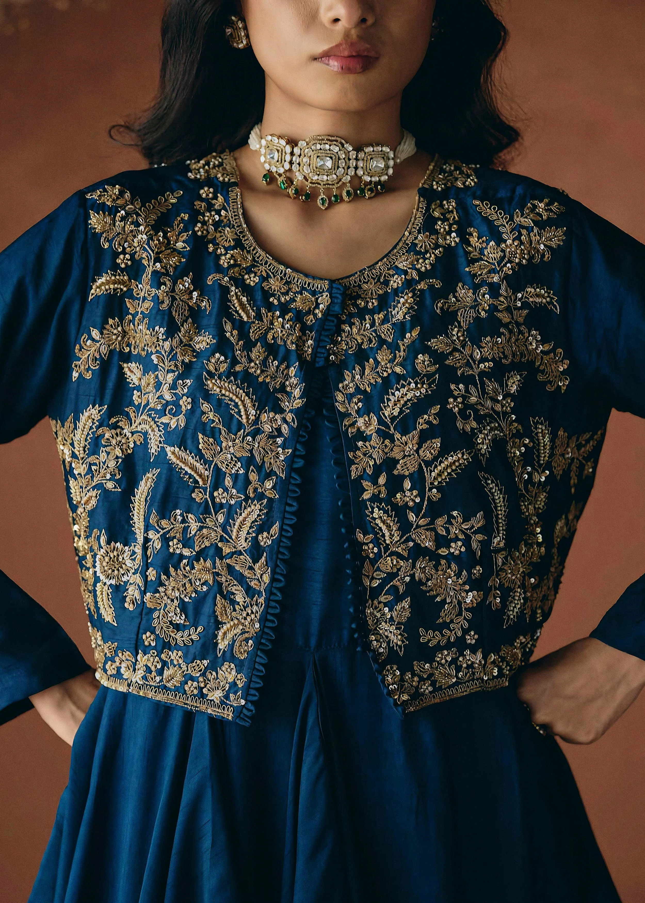 Teal Blue Embellished Raw Silk Gown Set - Image 2