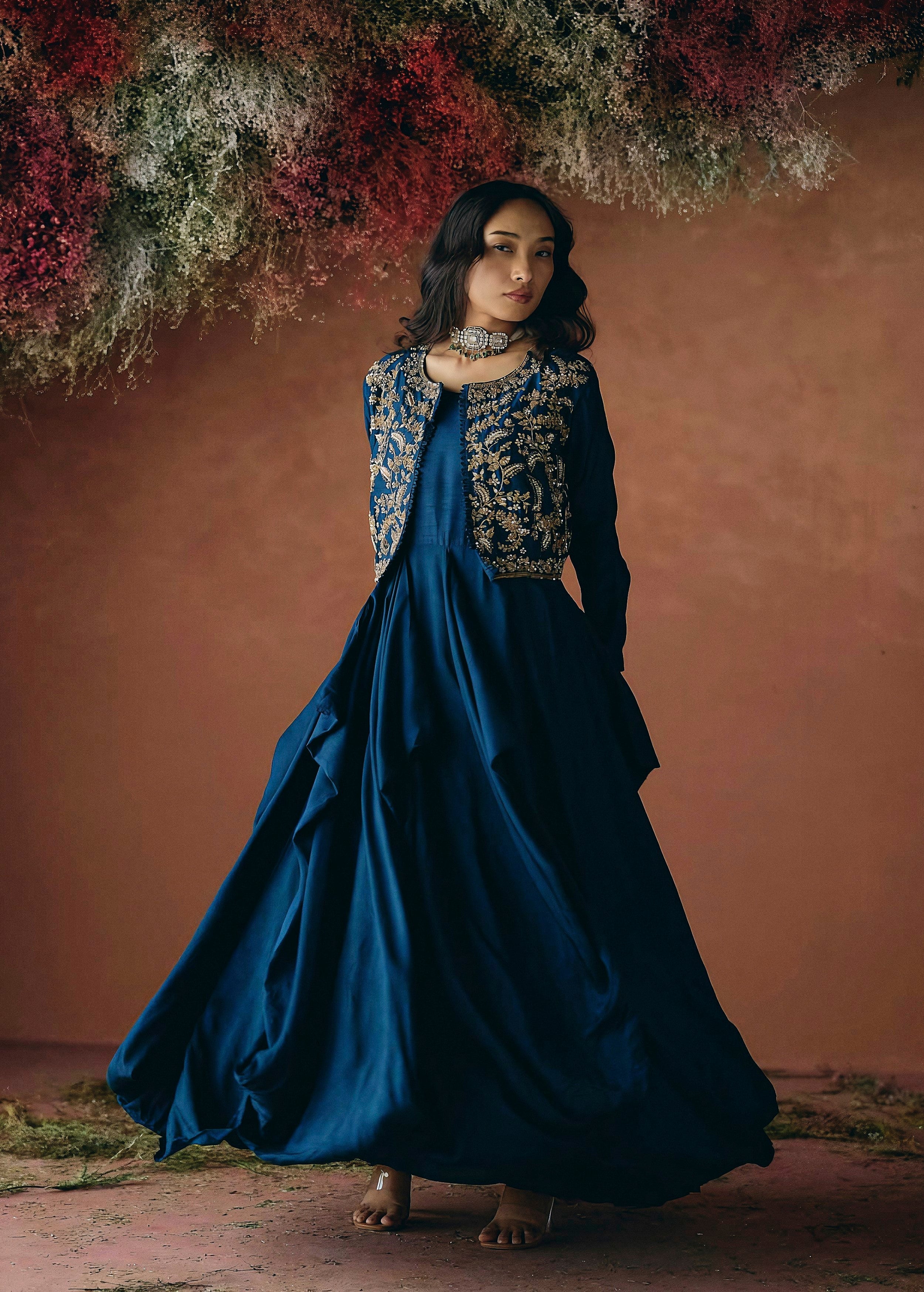 Teal Blue Embellished Raw Silk Gown Set - Image 3