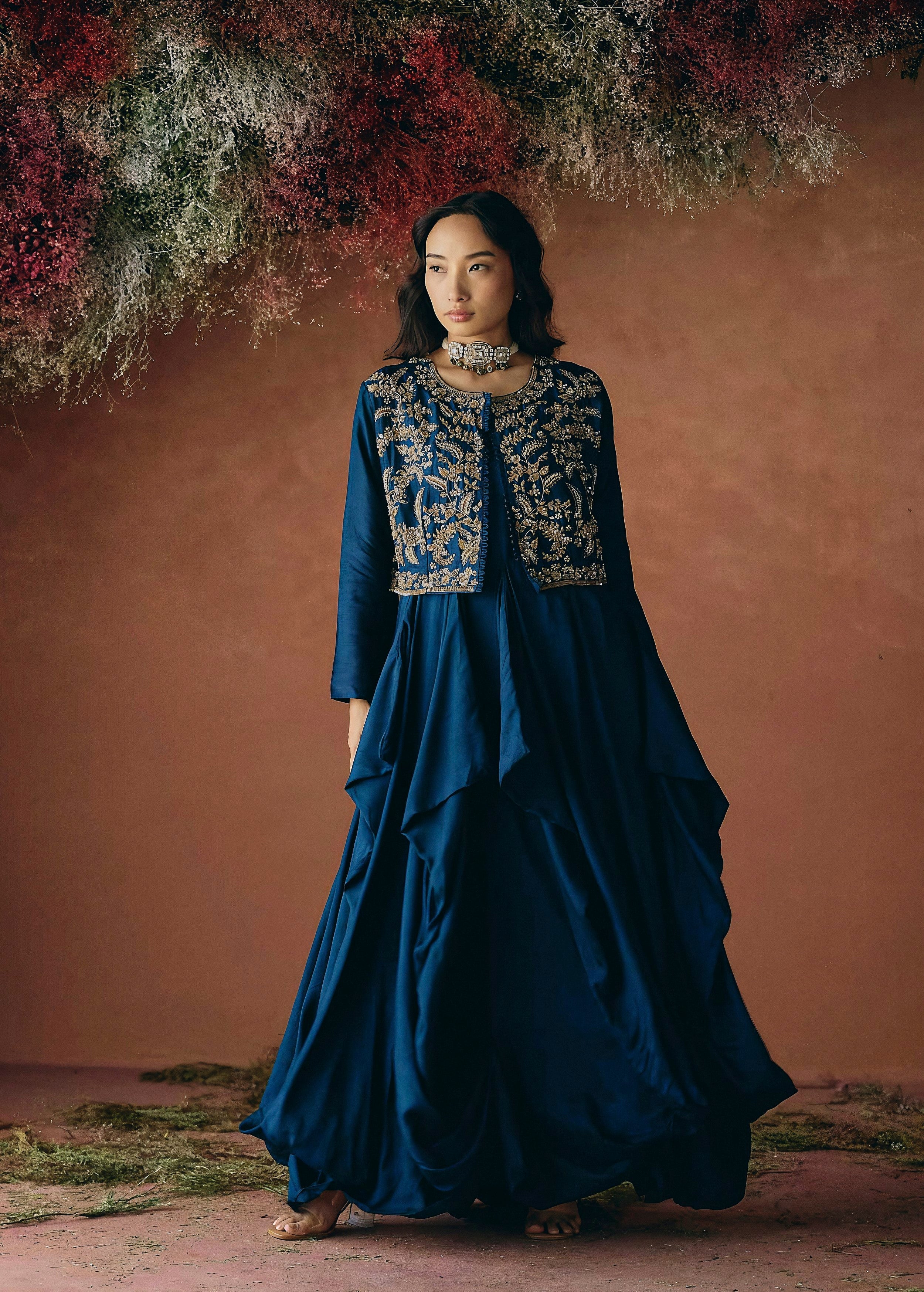 Teal Blue Embellished Raw Silk Gown Set - Image 4