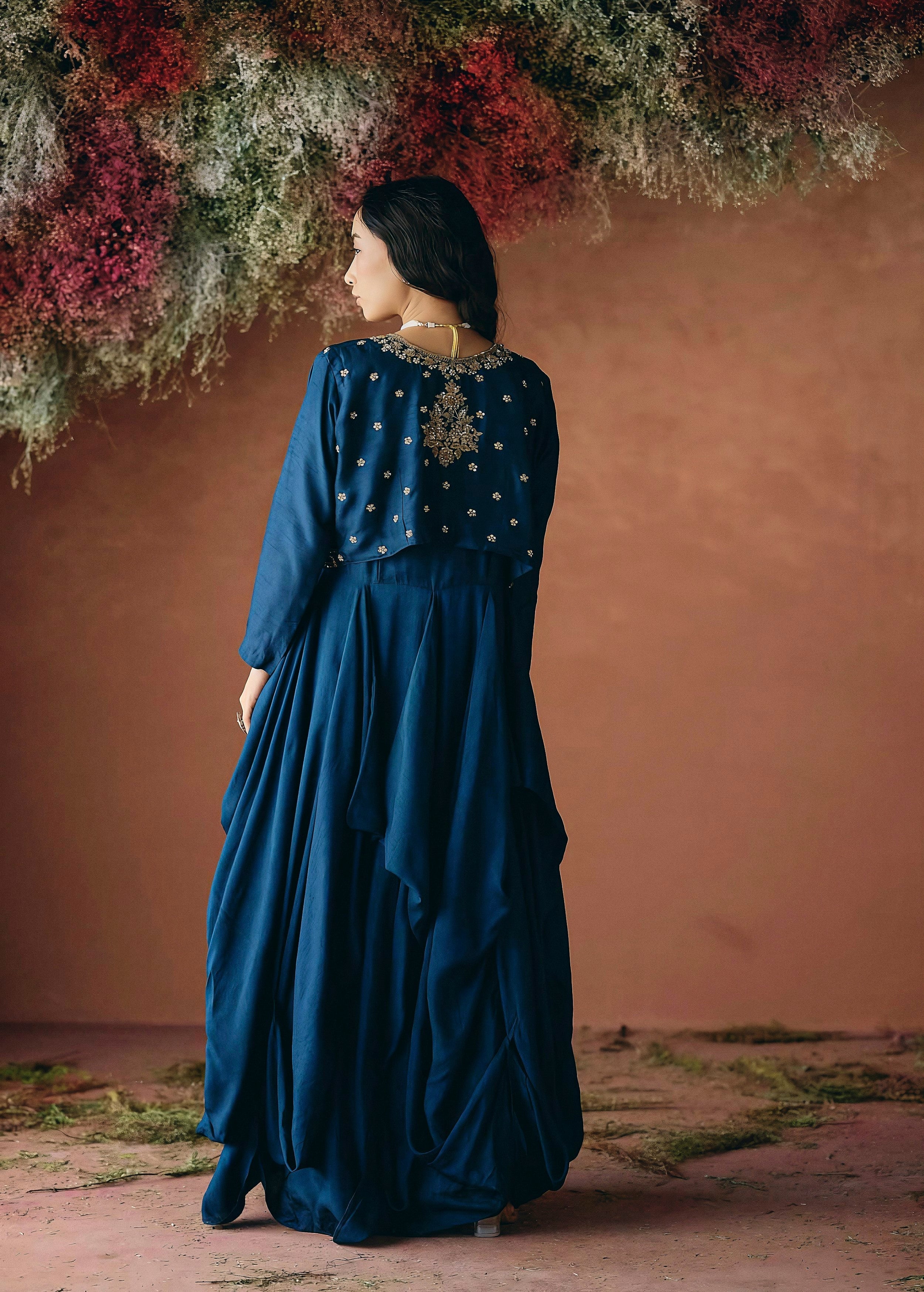 Teal Blue Embellished Raw Silk Gown Set - Image 5