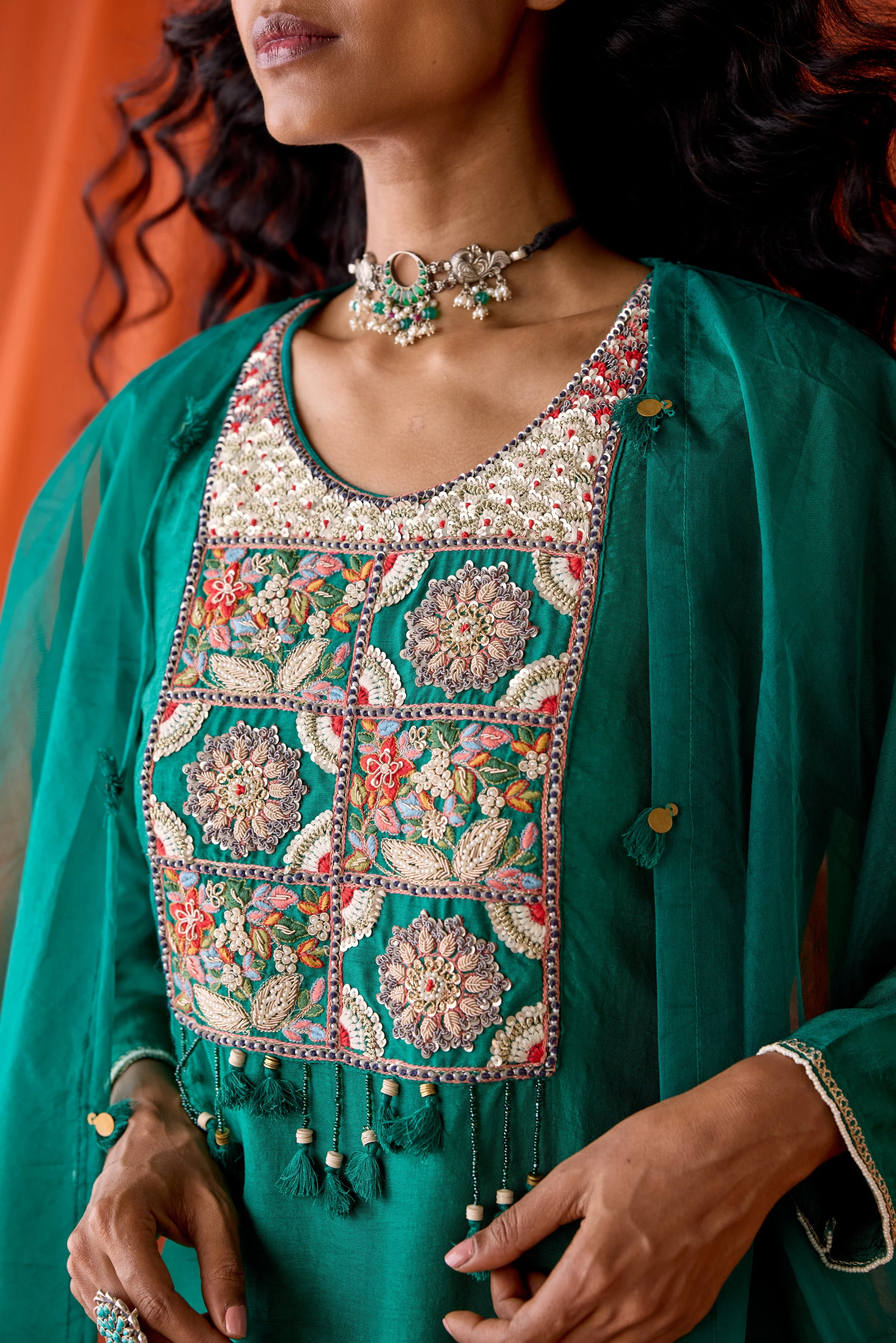 Teal Green Embellished Raw Silk Sharara Set - Image 2