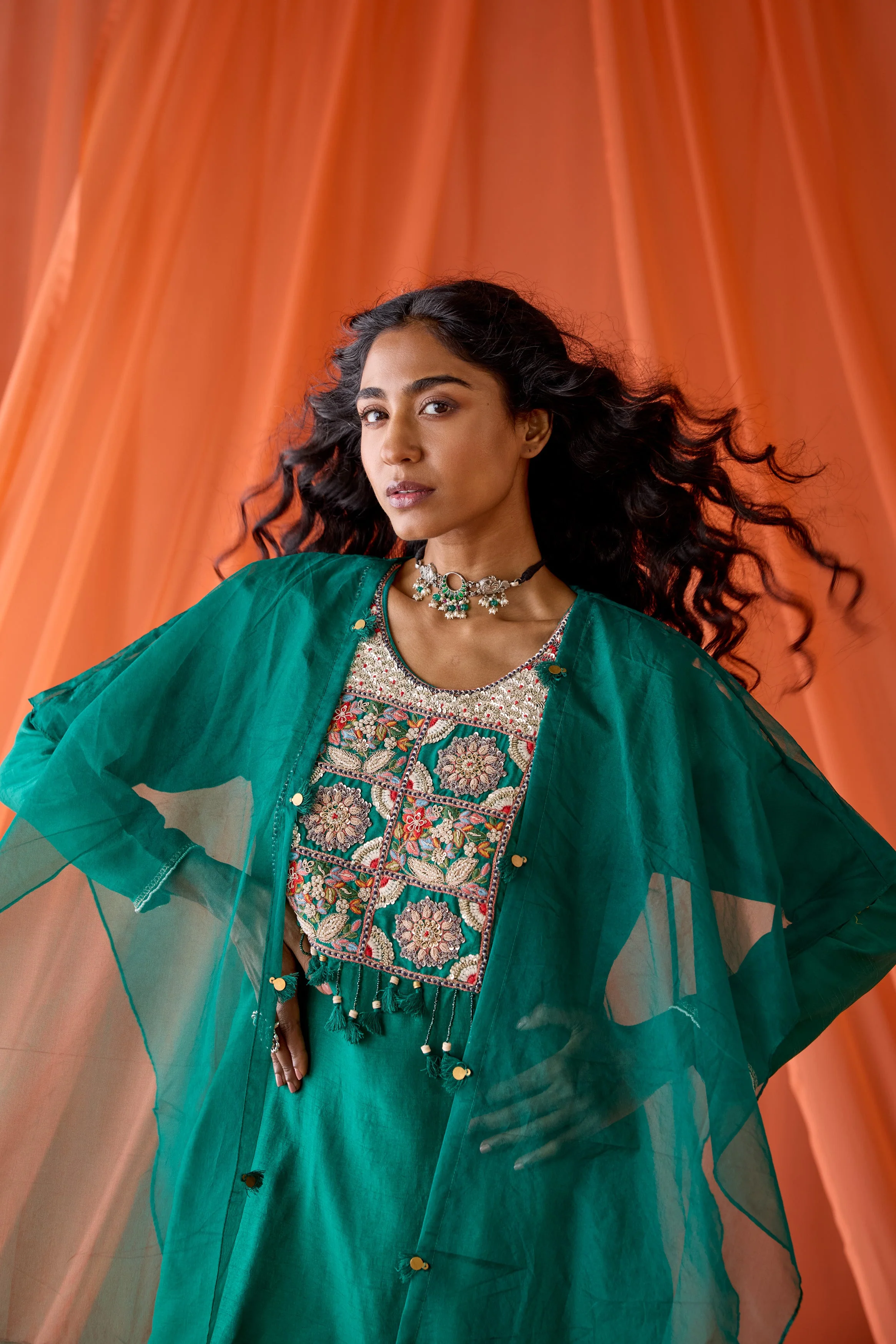 Teal Green Embellished Raw Silk Sharara Set - Image 3