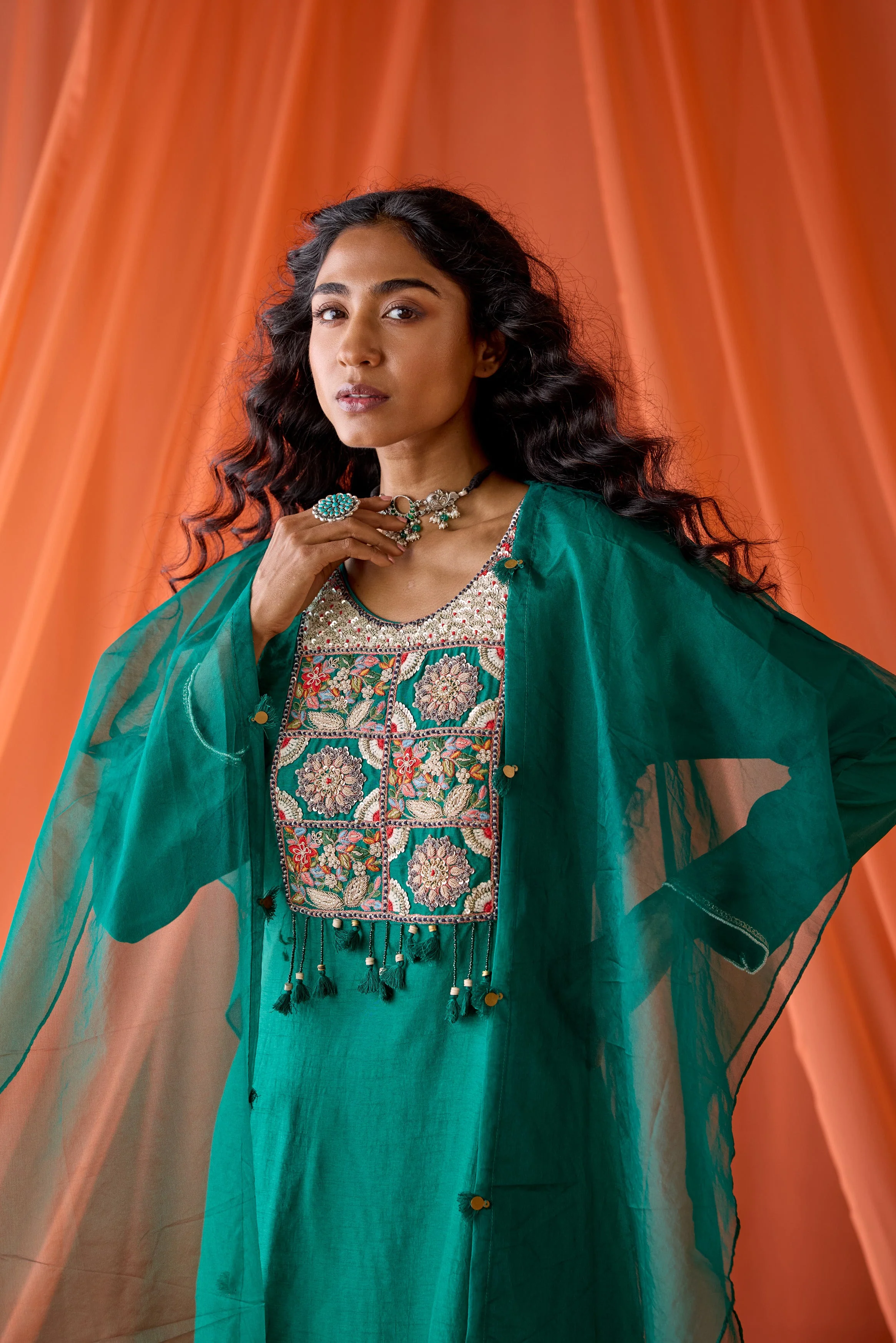 Teal Green Embellished Raw Silk Sharara Set - Image 4