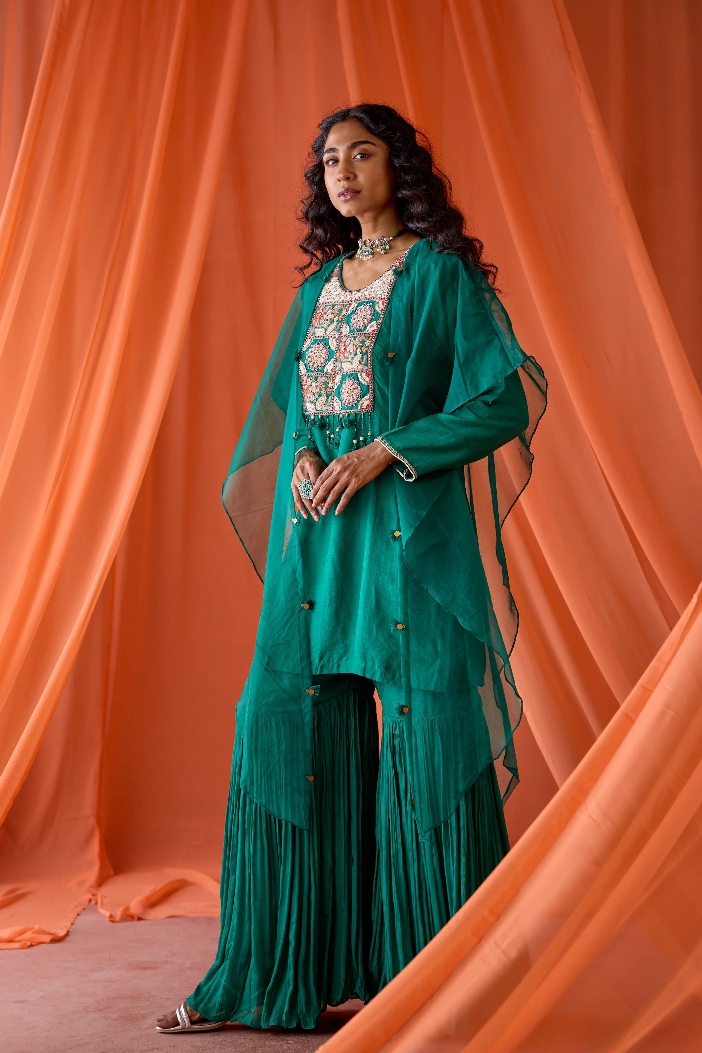 Teal Green Embellished Raw Silk Sharara Set - Image 5