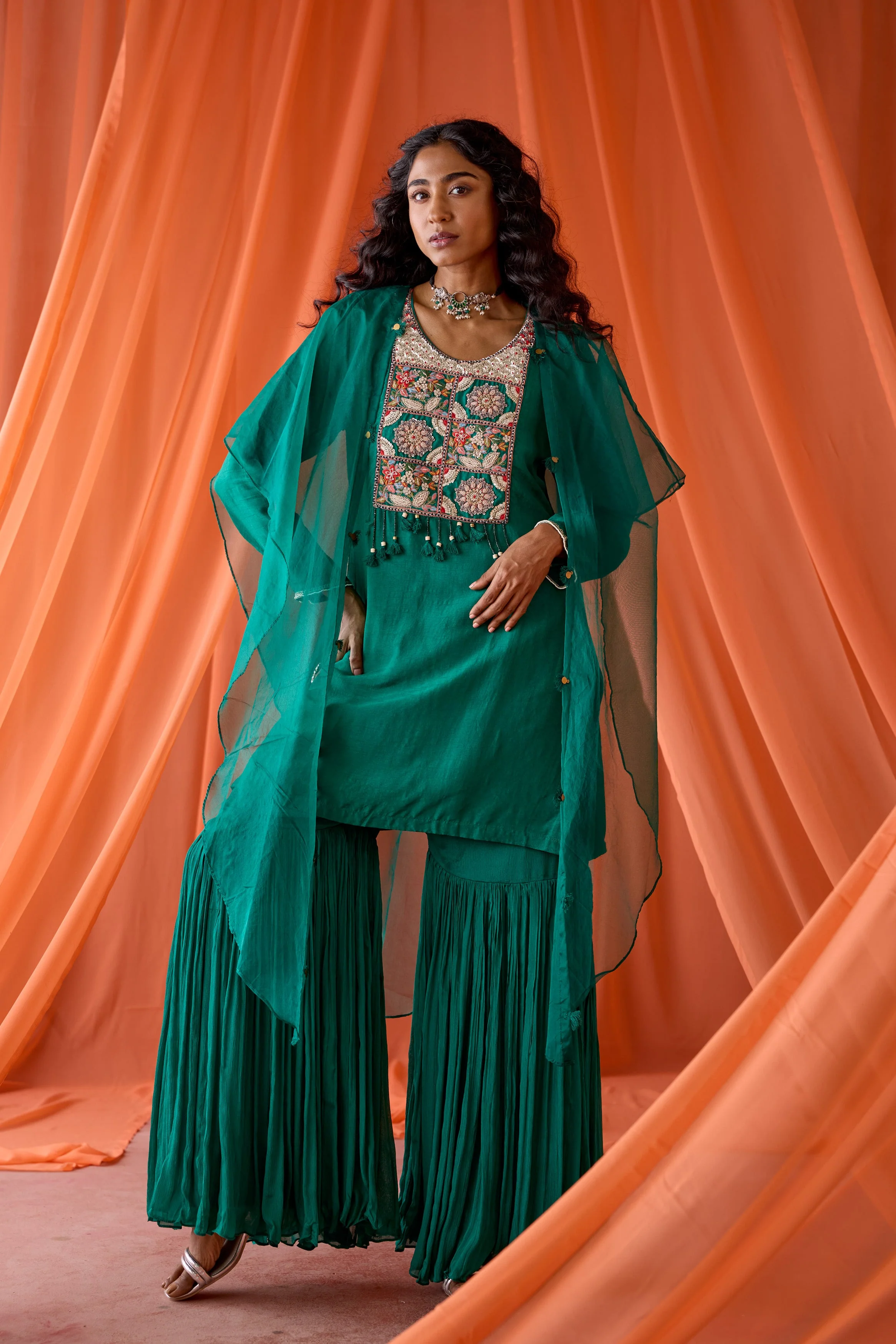 Teal Green Embellished Raw Silk Sharara Set - Image 6