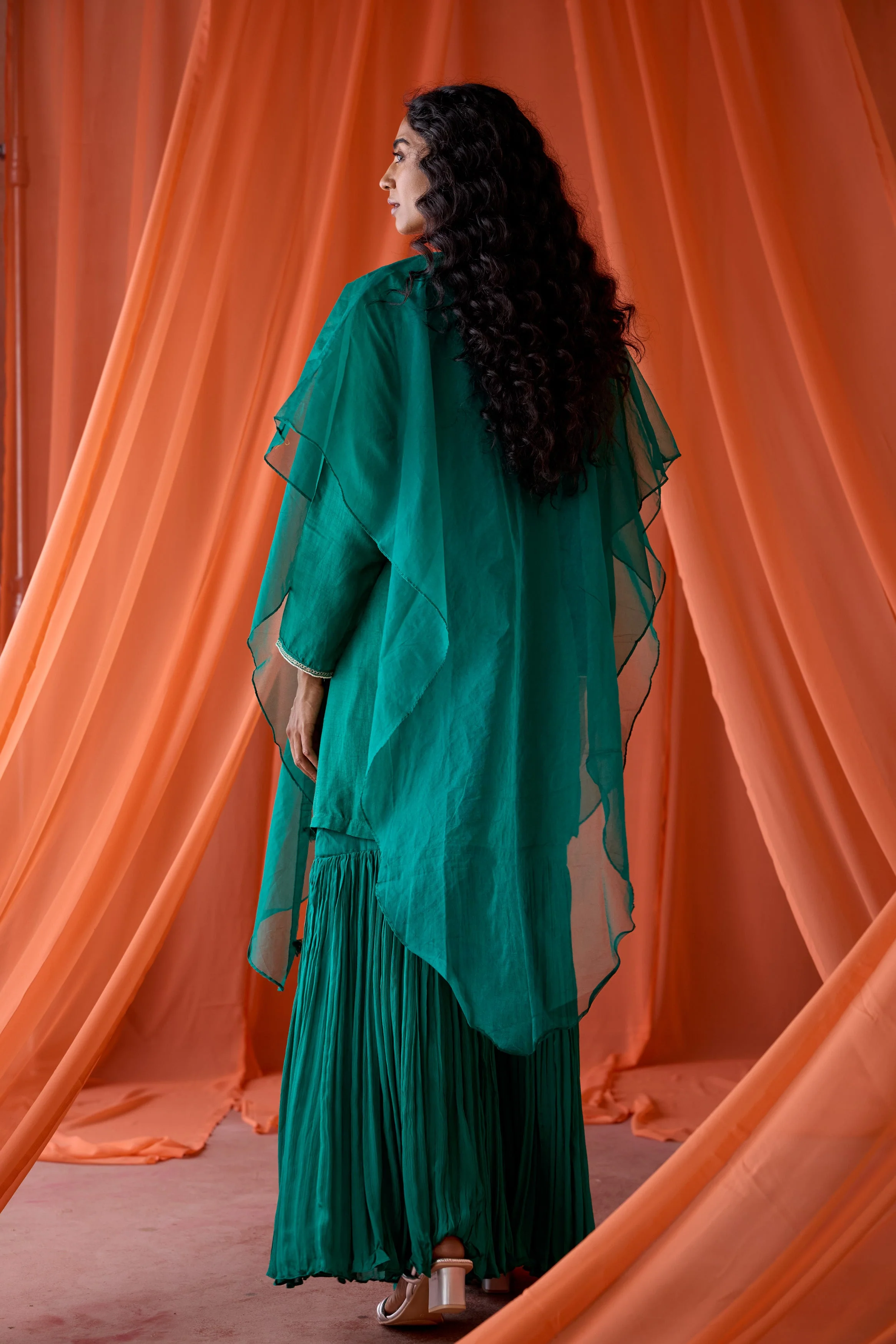 Teal Green Embellished Raw Silk Sharara Set - Image 7