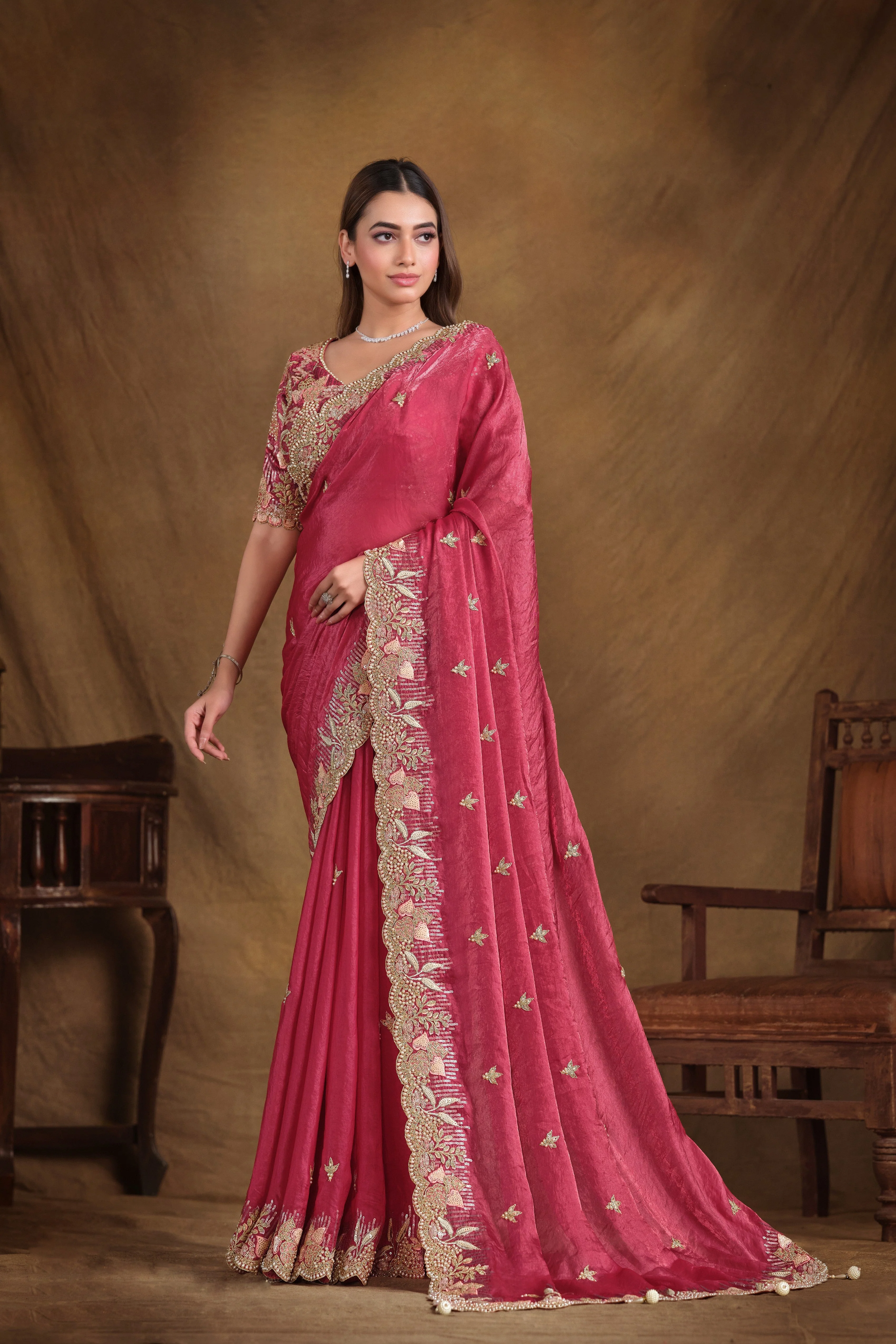 Cranberry Pink Embellished  Satin Silk Saree - Image 3