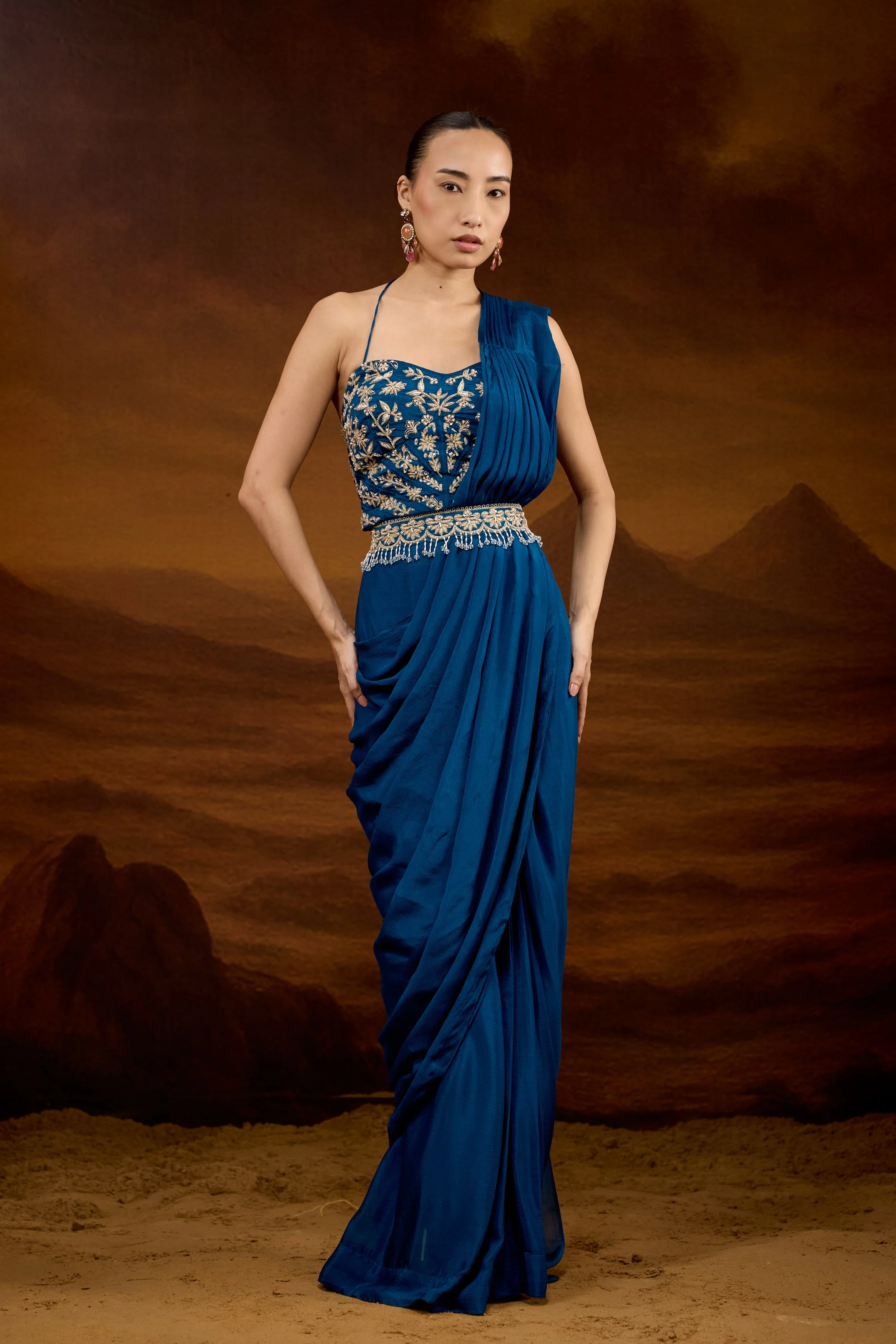 Teal Blue Embellished Chinon Silk Draped Saree