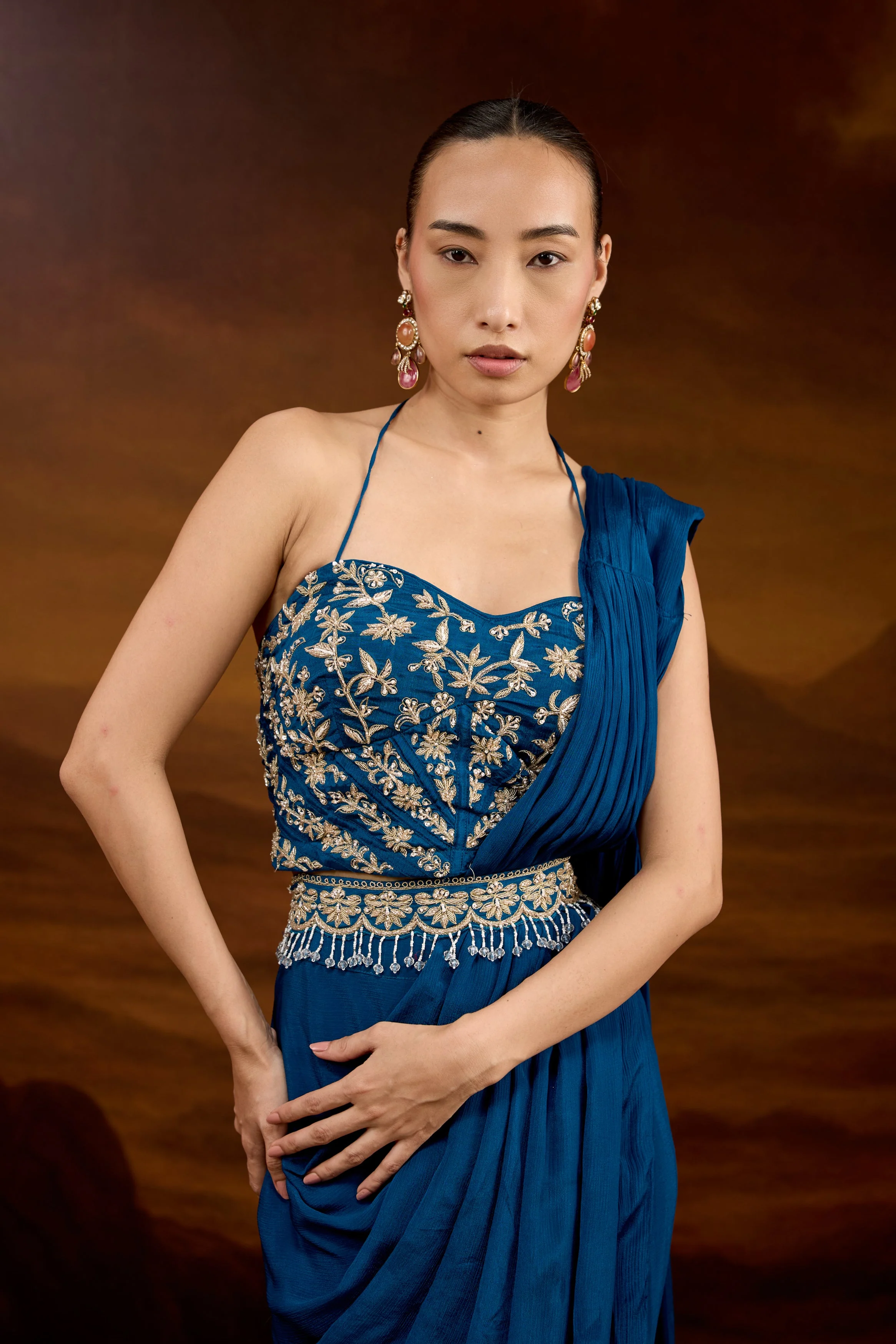 Teal Blue Embellished Chinon Silk Draped Saree - Image 3