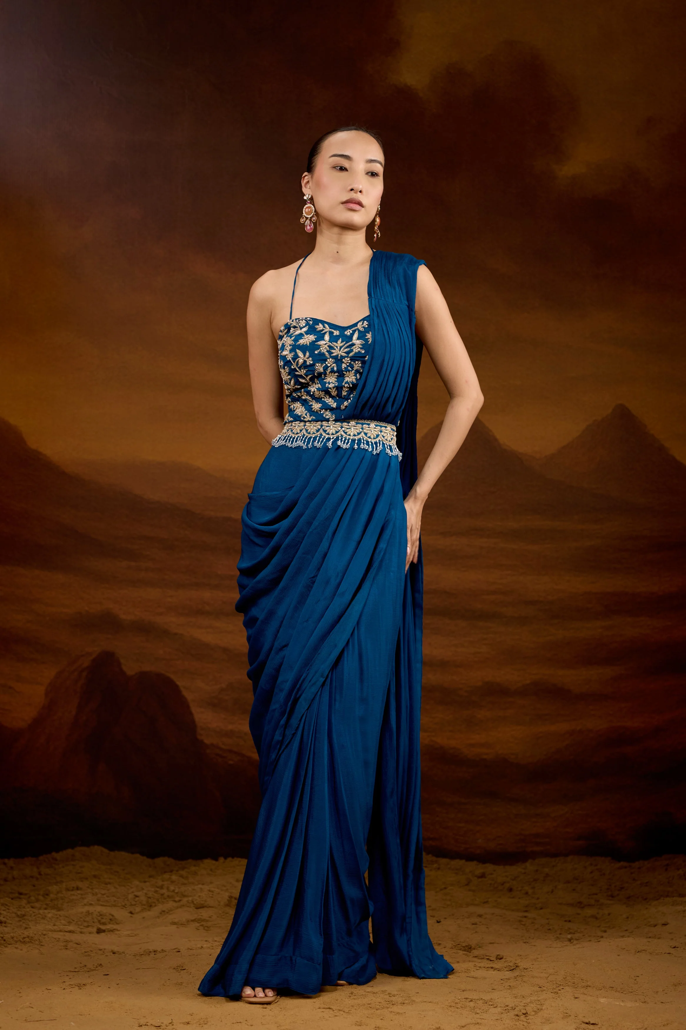 Teal Blue Embellished Chinon Silk Draped Saree - Image 4