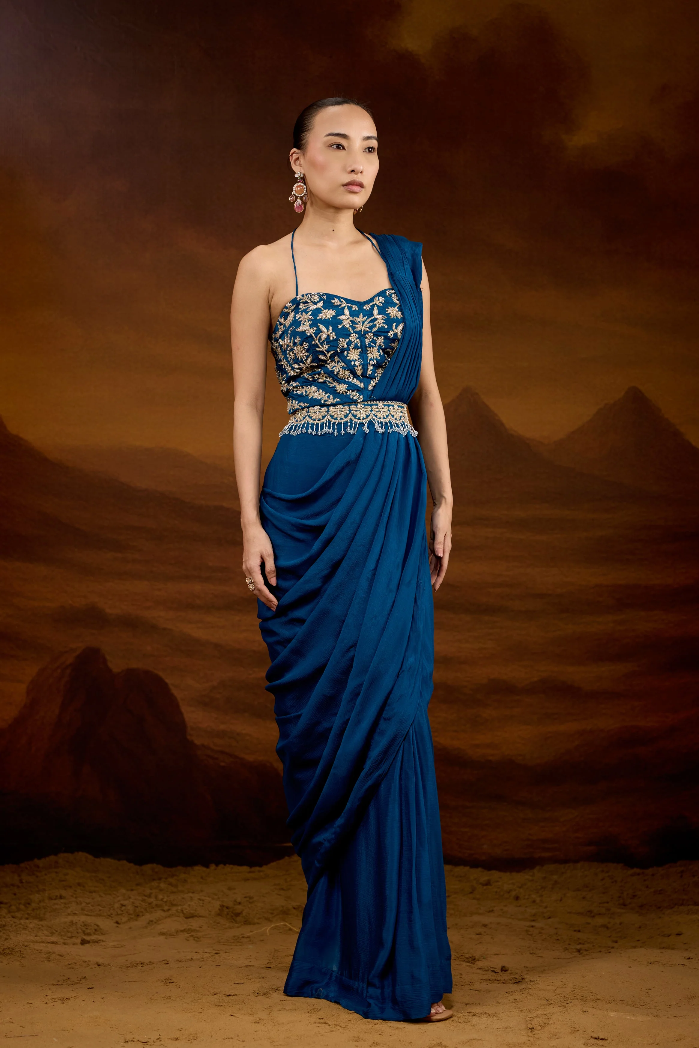 Teal Blue Embellished Chinon Silk Draped Saree - Image 5