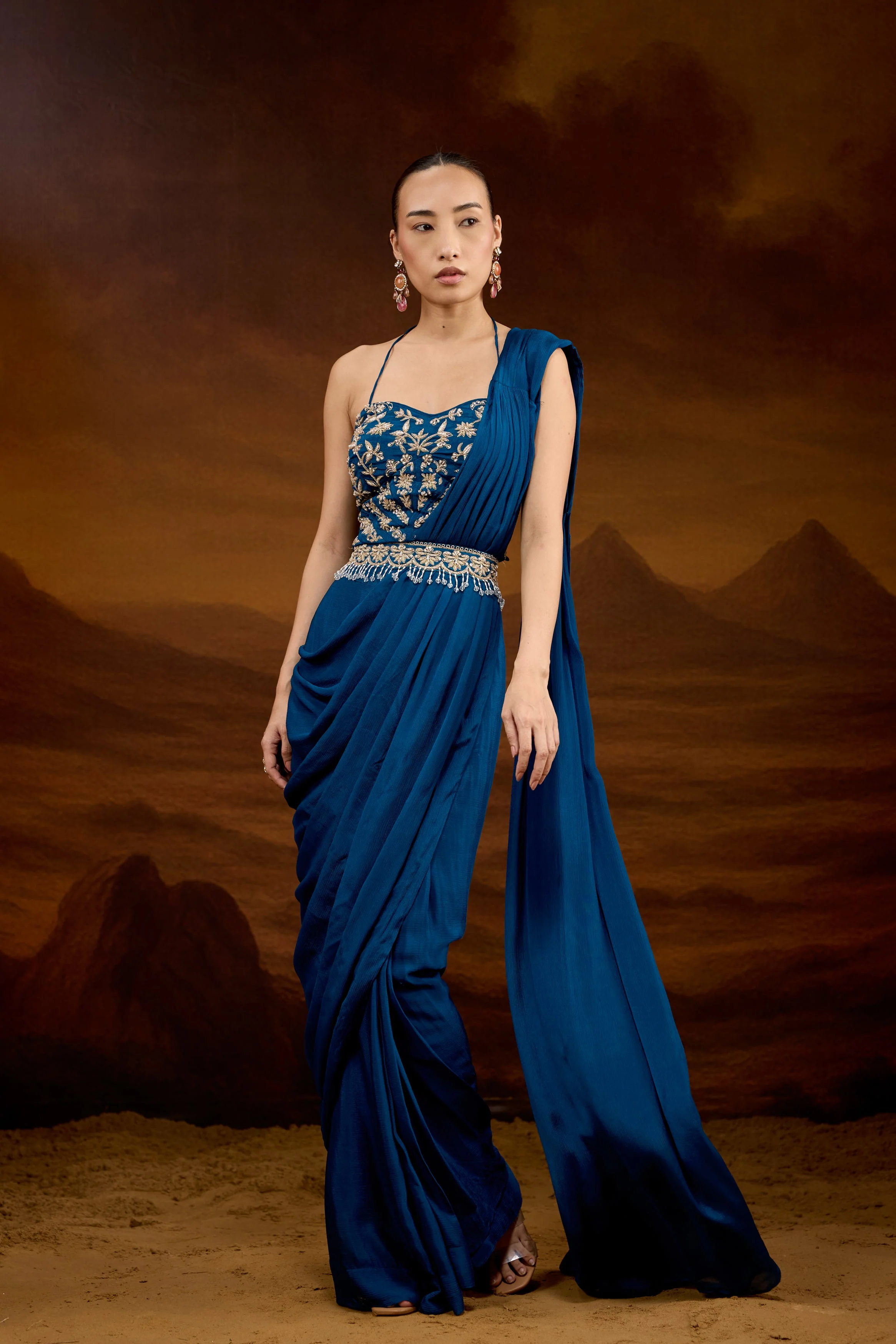 Teal Blue Embellished Chinon Silk Draped Saree - Image 6