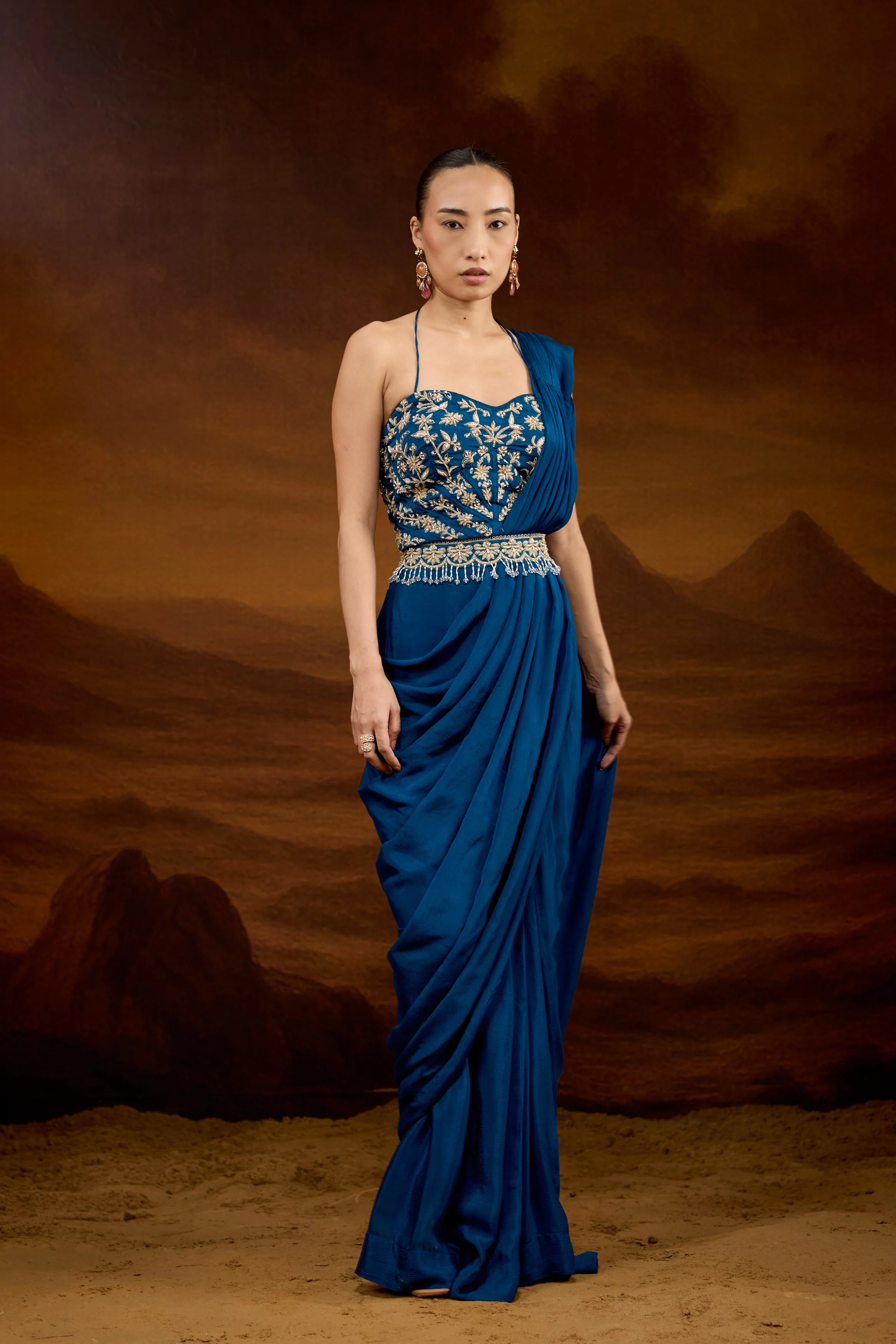 Teal Blue Embellished Chinon Silk Draped Saree - Image 7