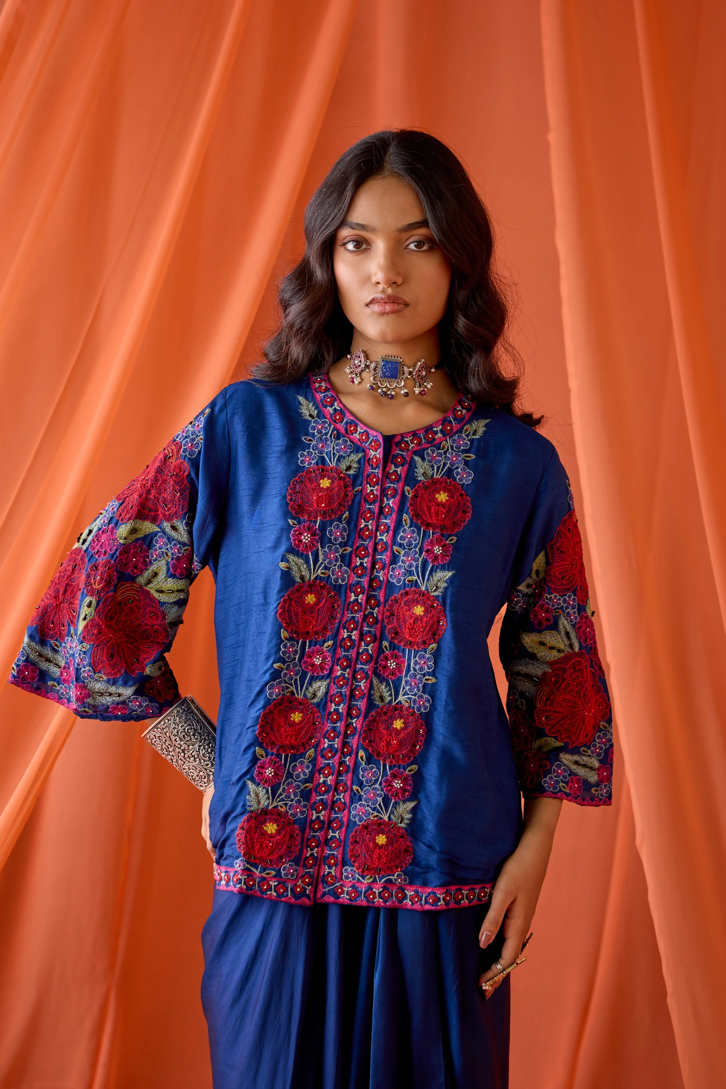 Royal Blue Embellished Satin Silk Skirt Set - Image 2