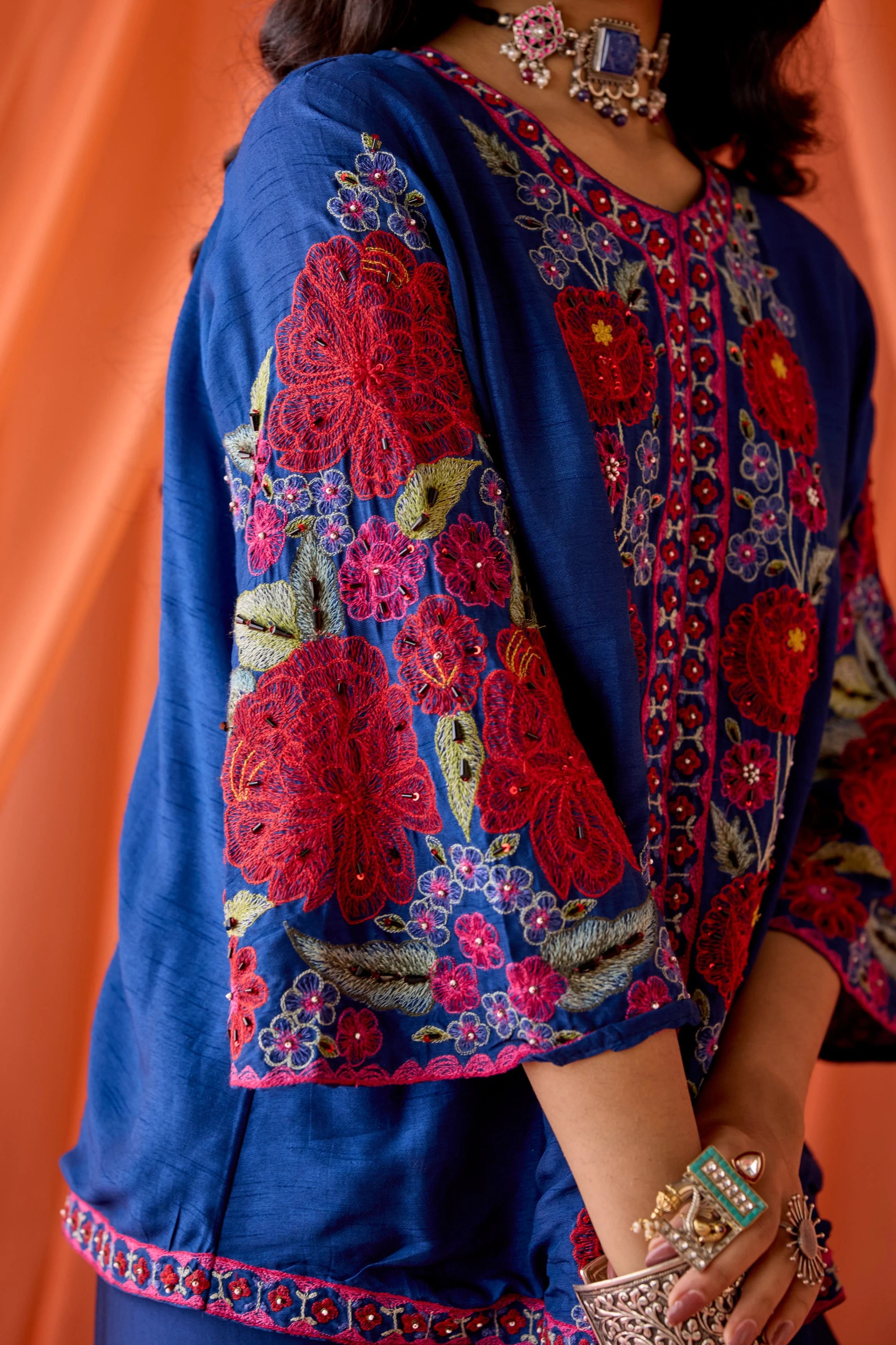 Royal Blue Embellished Satin Silk Skirt Set - Image 3