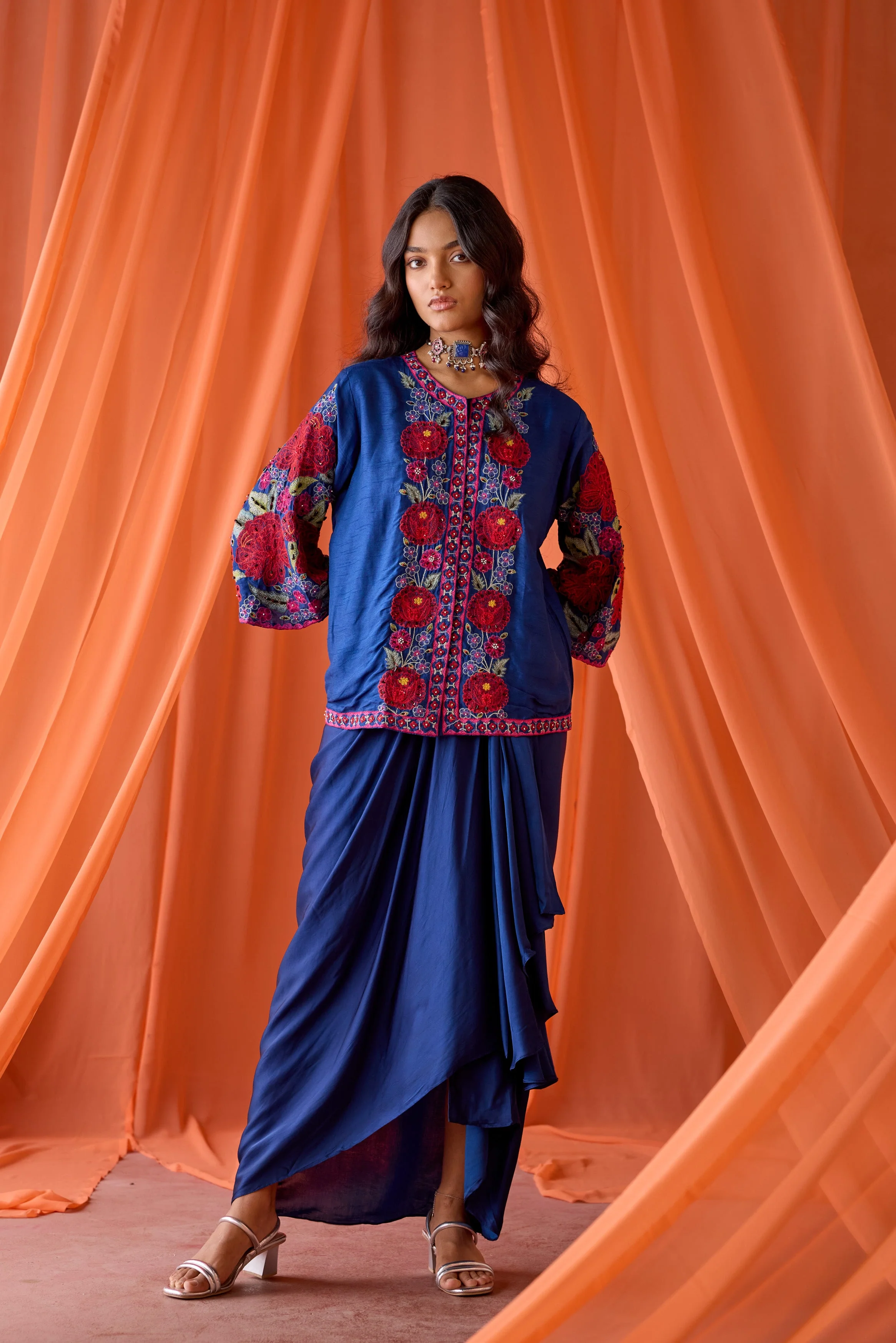 Royal Blue Embellished Satin Silk Skirt Set - Image 4