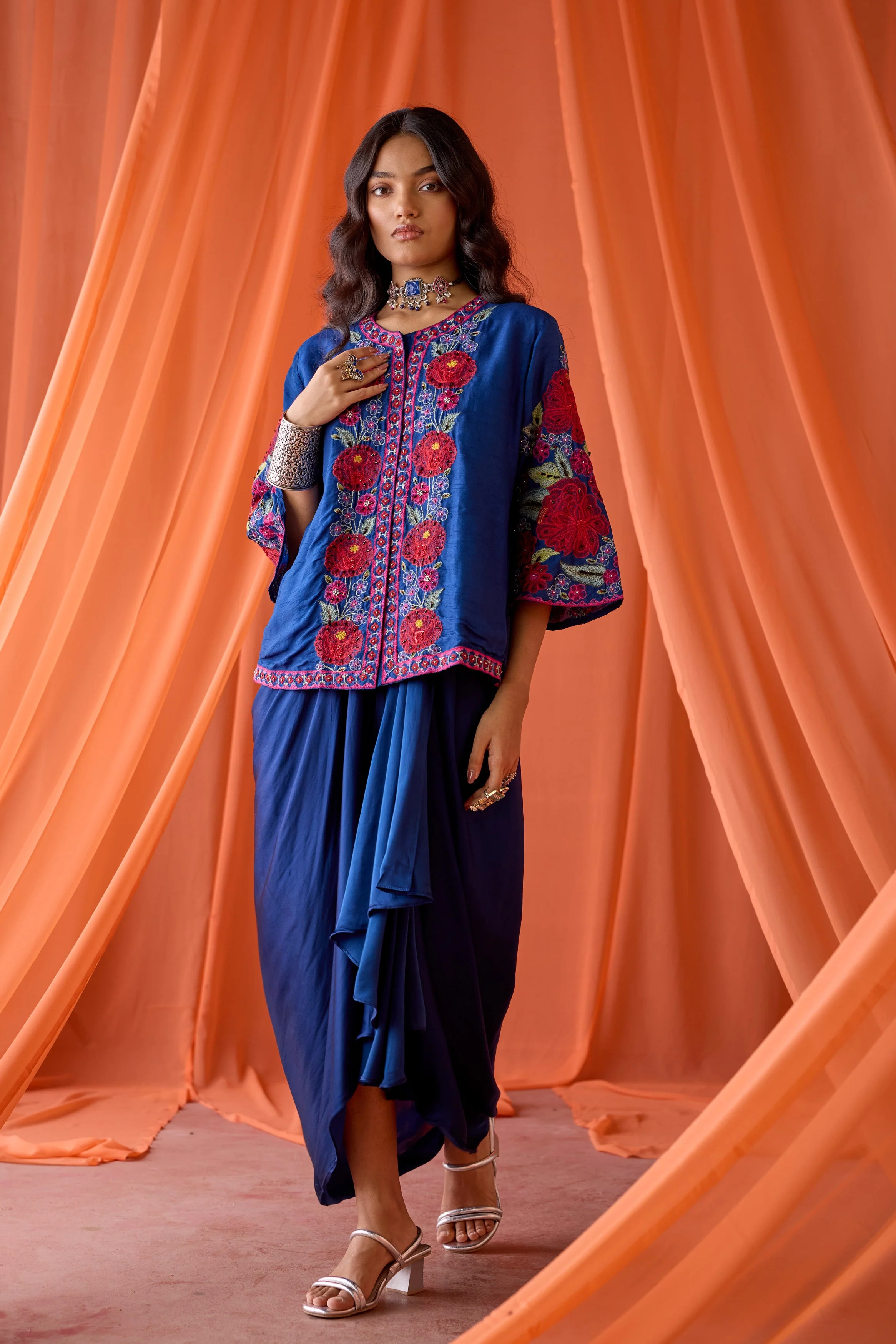 Royal Blue Embellished Satin Silk Skirt Set - Image 5
