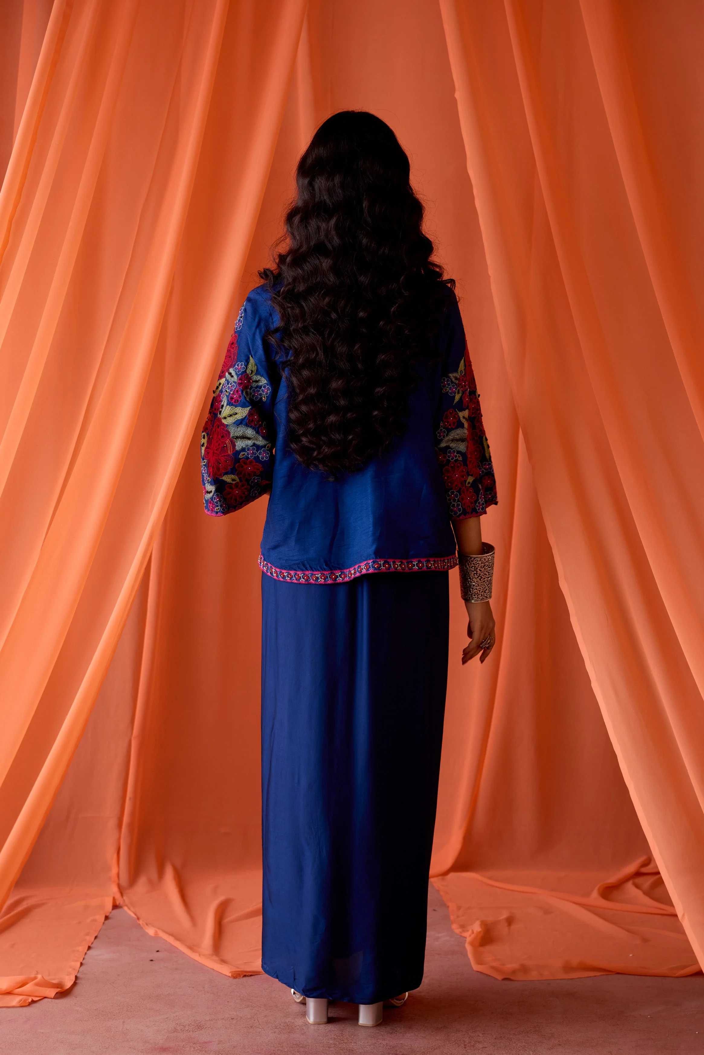 Royal Blue Embellished Satin Silk Skirt Set - Image 6