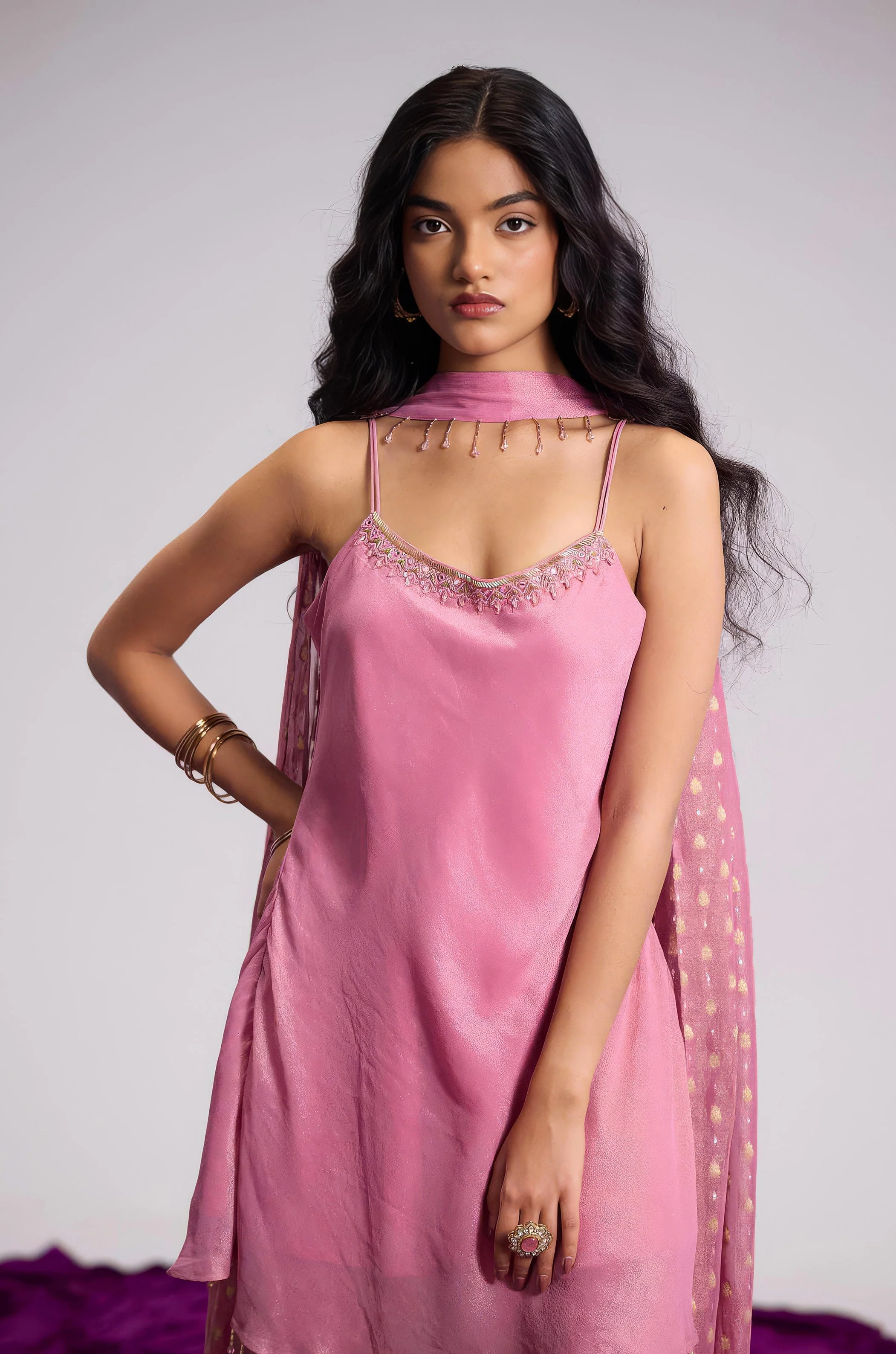 Rosewood Pink Embellished Shimmer Tissue Silk Palazzo Set - Image 3