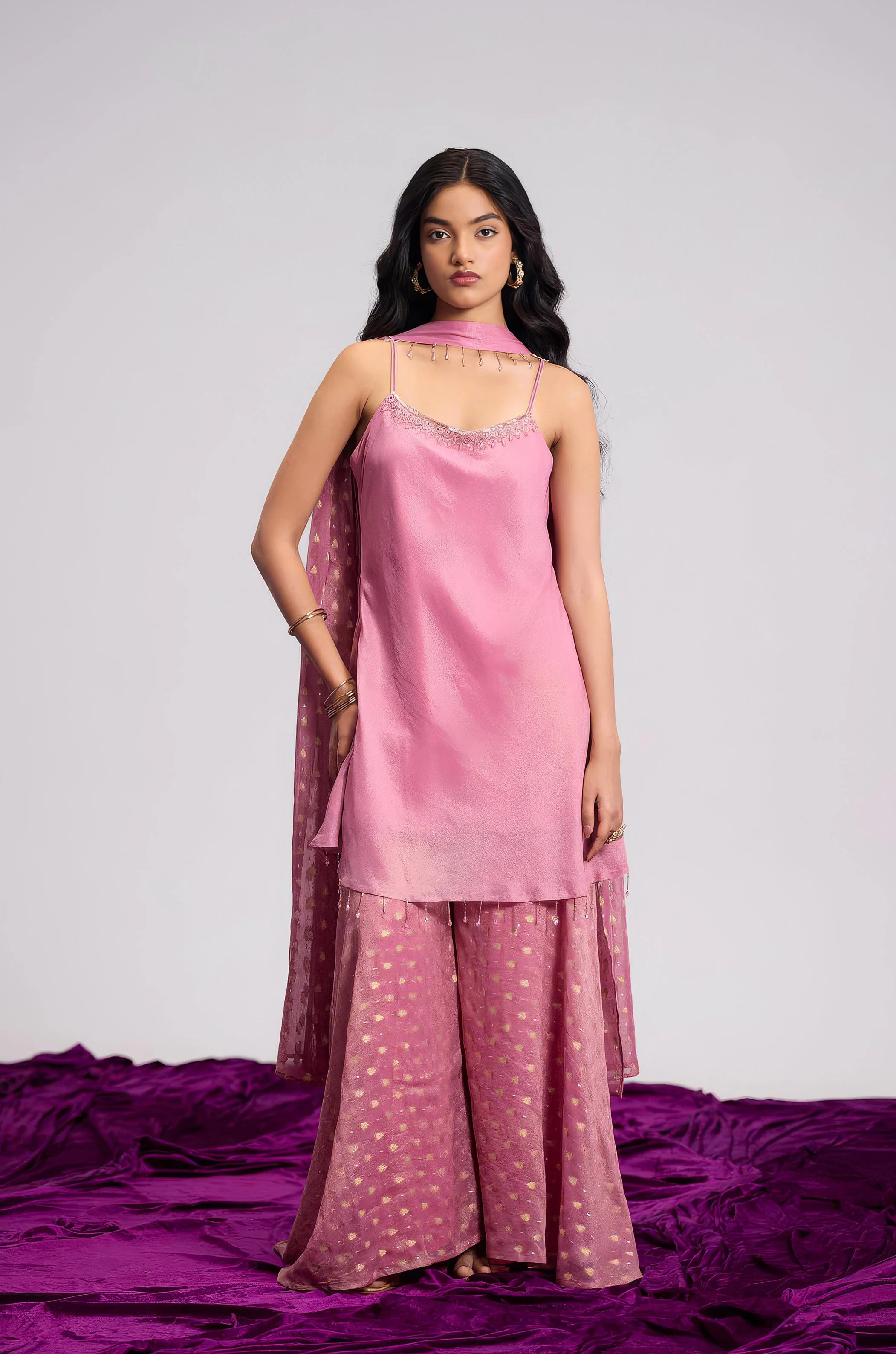 Rosewood Pink Embellished Shimmer Tissue Silk Palazzo Set - Image 4