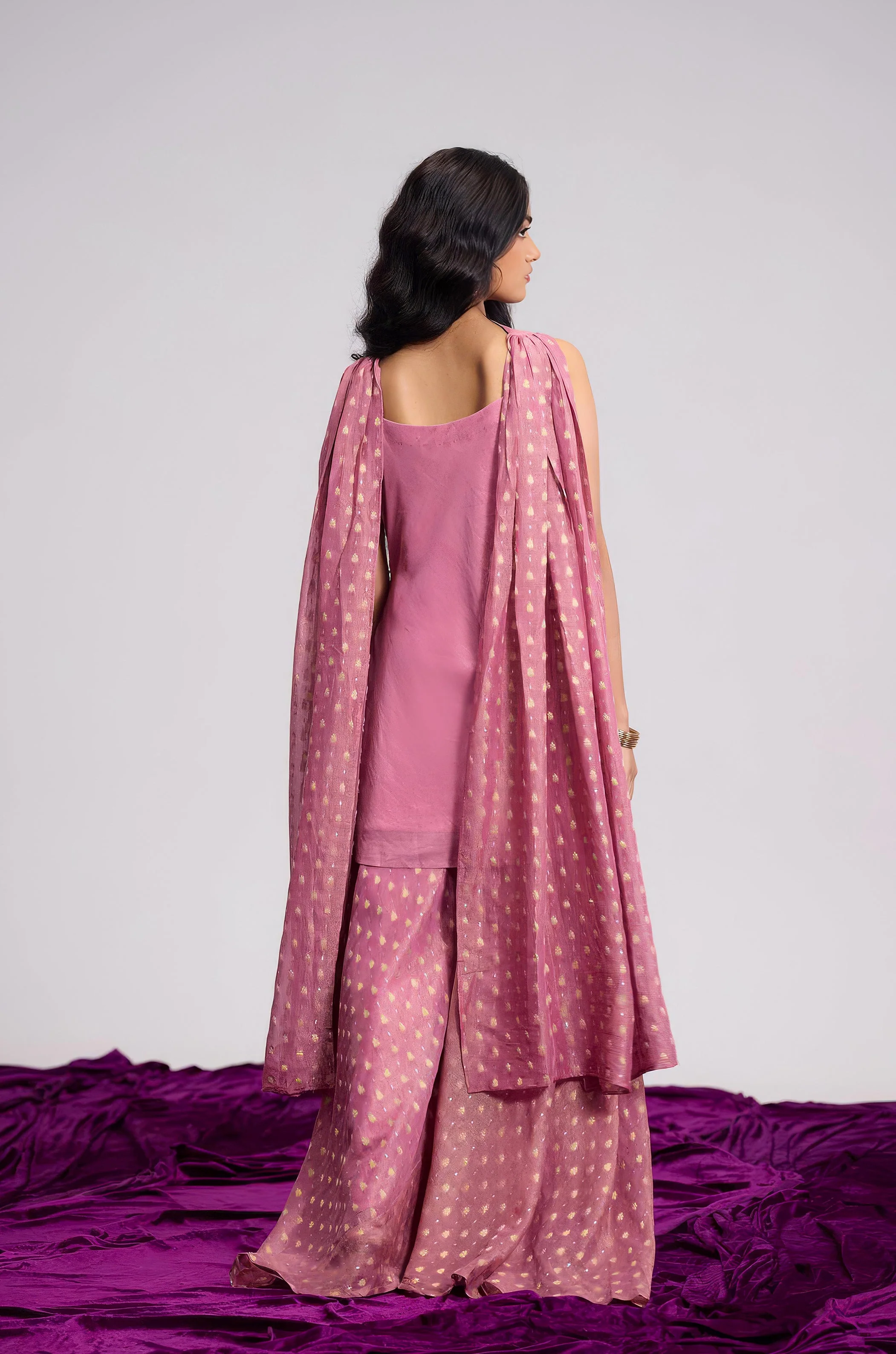 Rosewood Pink Embellished Shimmer Tissue Silk Palazzo Set - Image 5