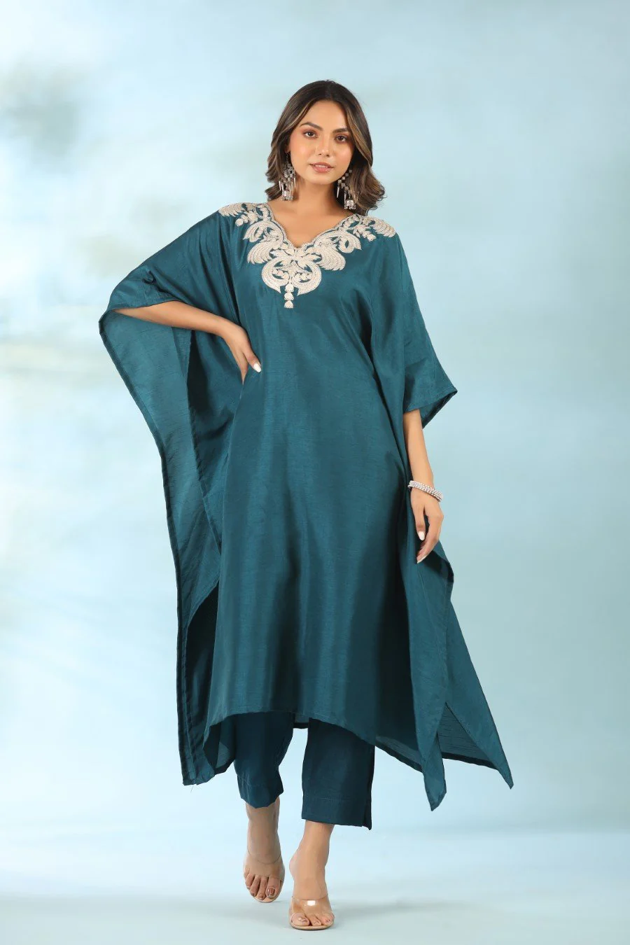 Teal Blue Embroidered Kaftan With Pants - Image 3