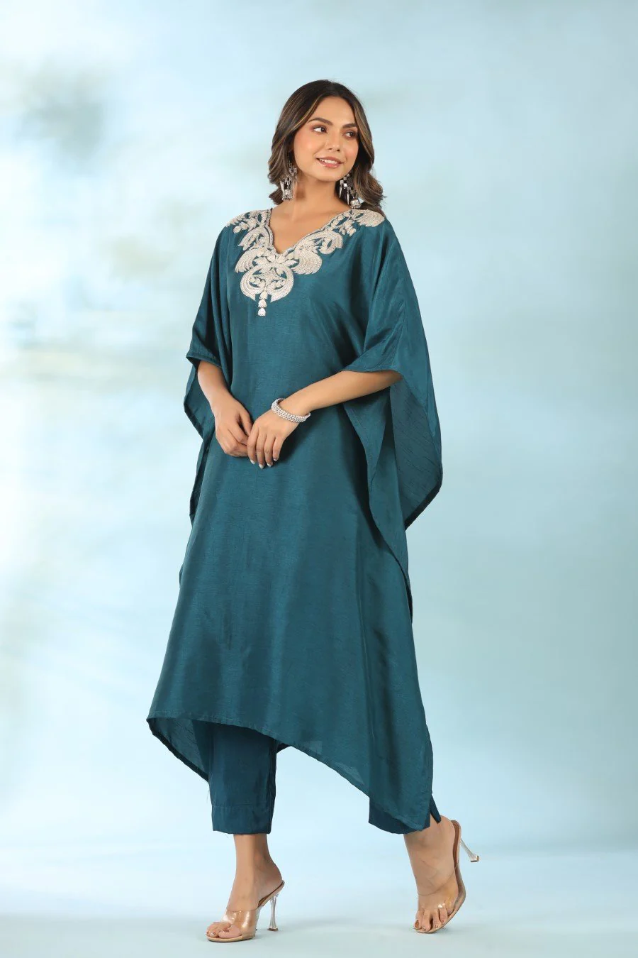 Teal Blue Embroidered Kaftan With Pants - Image 4