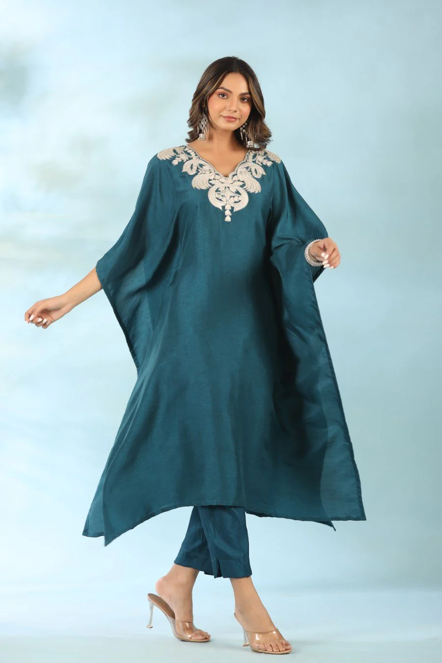 Teal Blue Embroidered Kaftan With Pants - Image 5