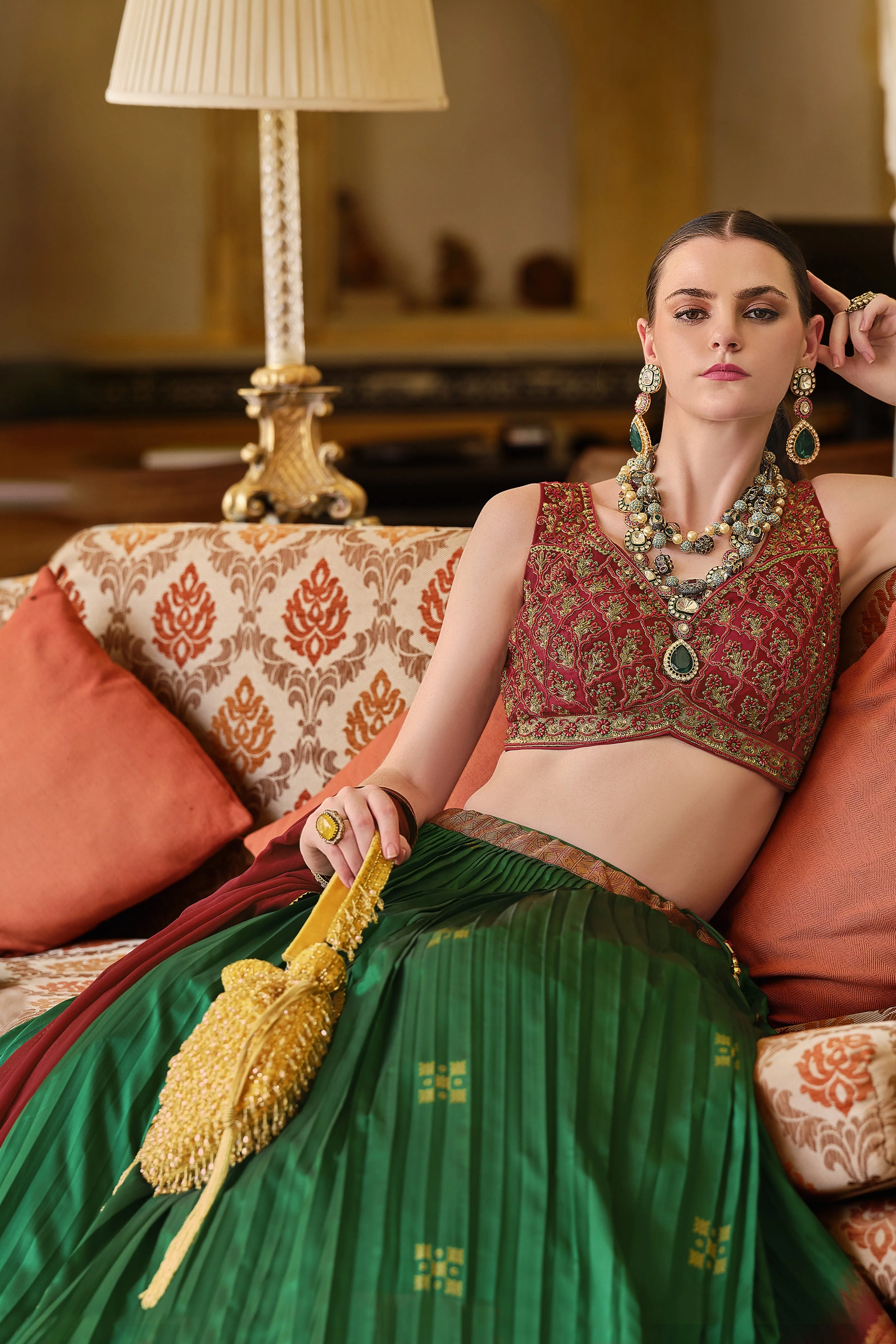 Green Golden Banarasi Silk Lehenga Set - Image 3