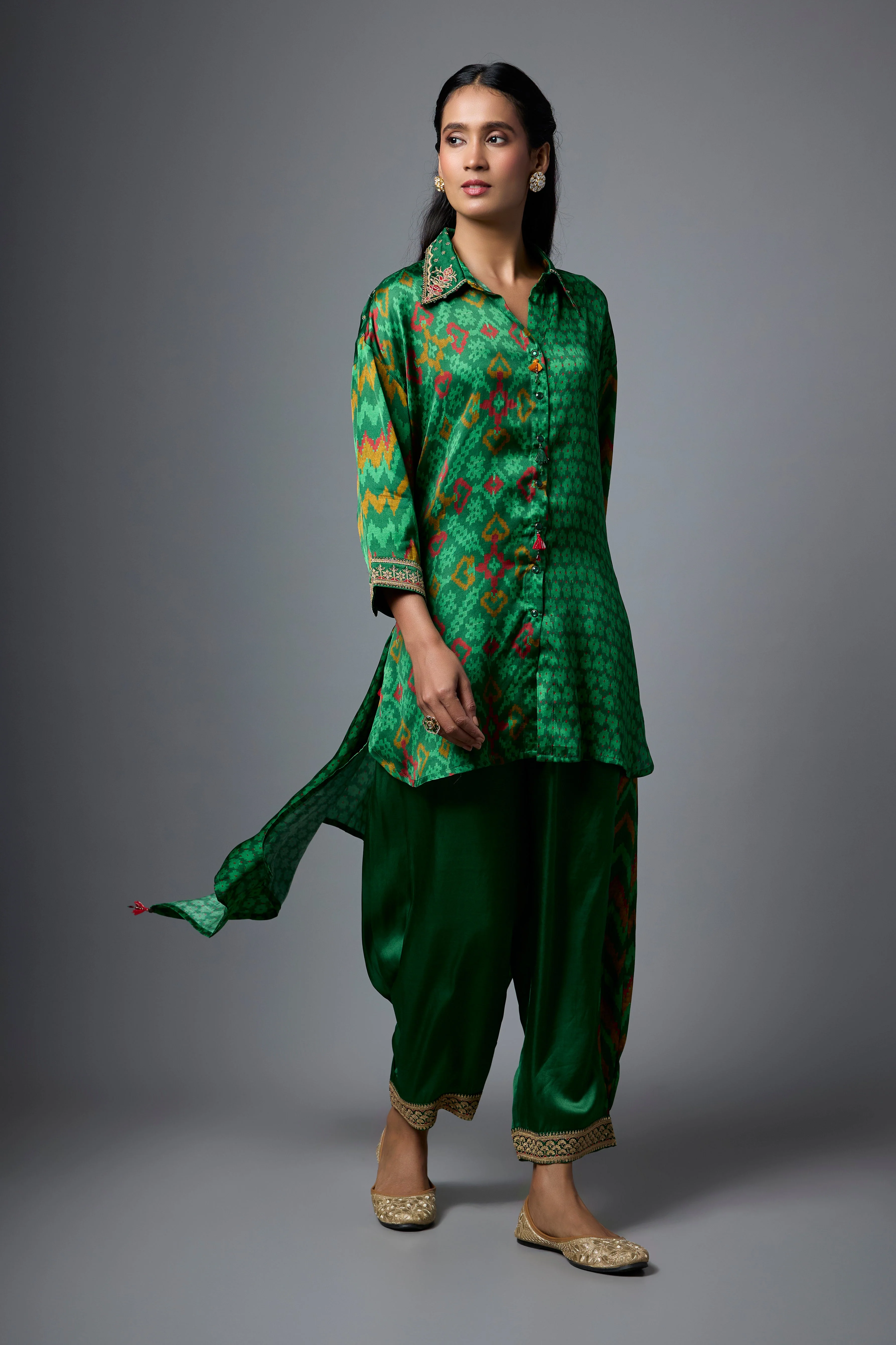 Bottle Green Printed Crepe Silk Co-Ord Set