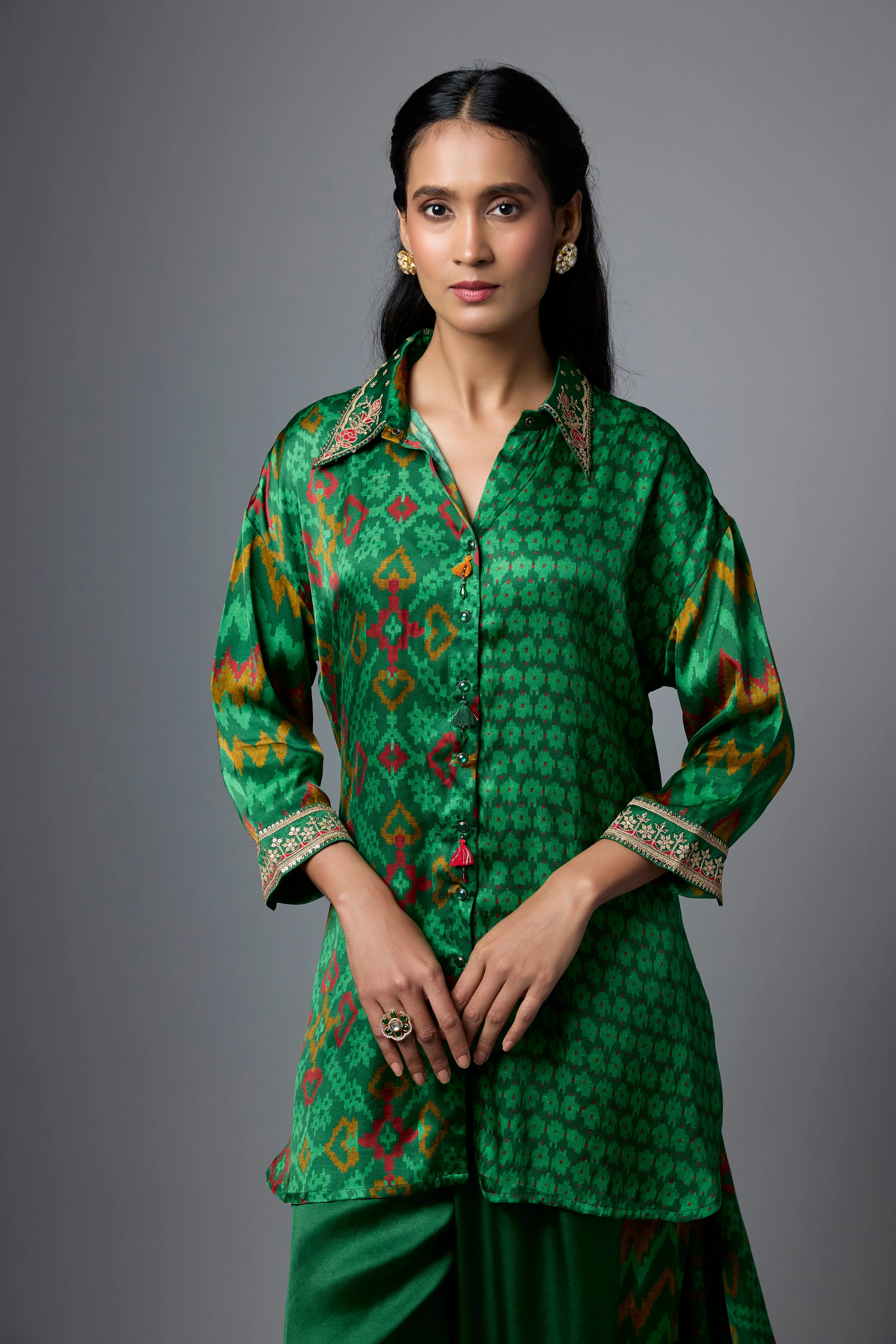 Bottle Green Printed Crepe Silk Co-Ord Set - Image 2
