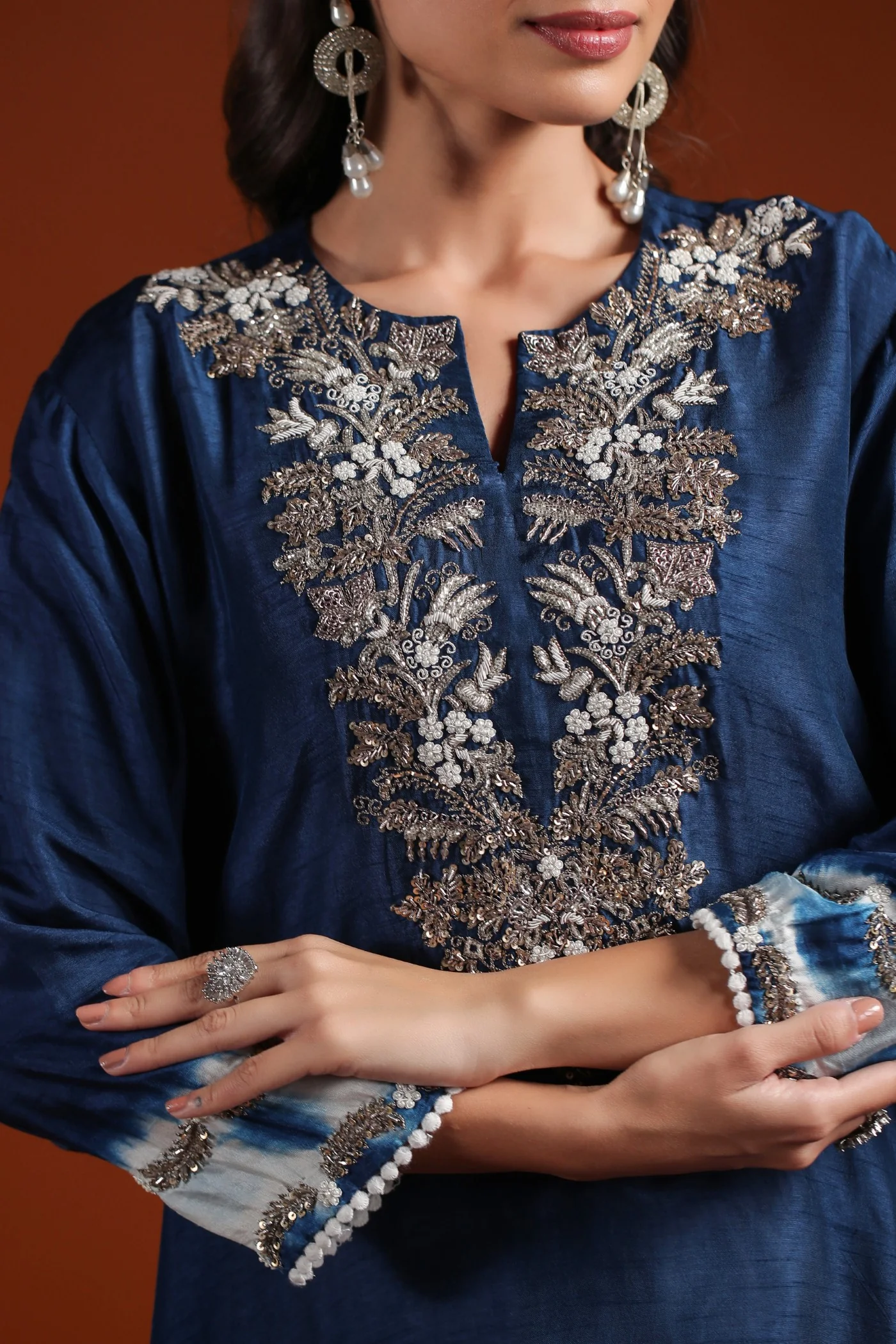 Teal Blue Tie Dyed Embellished Kurta & Pant - Image 2