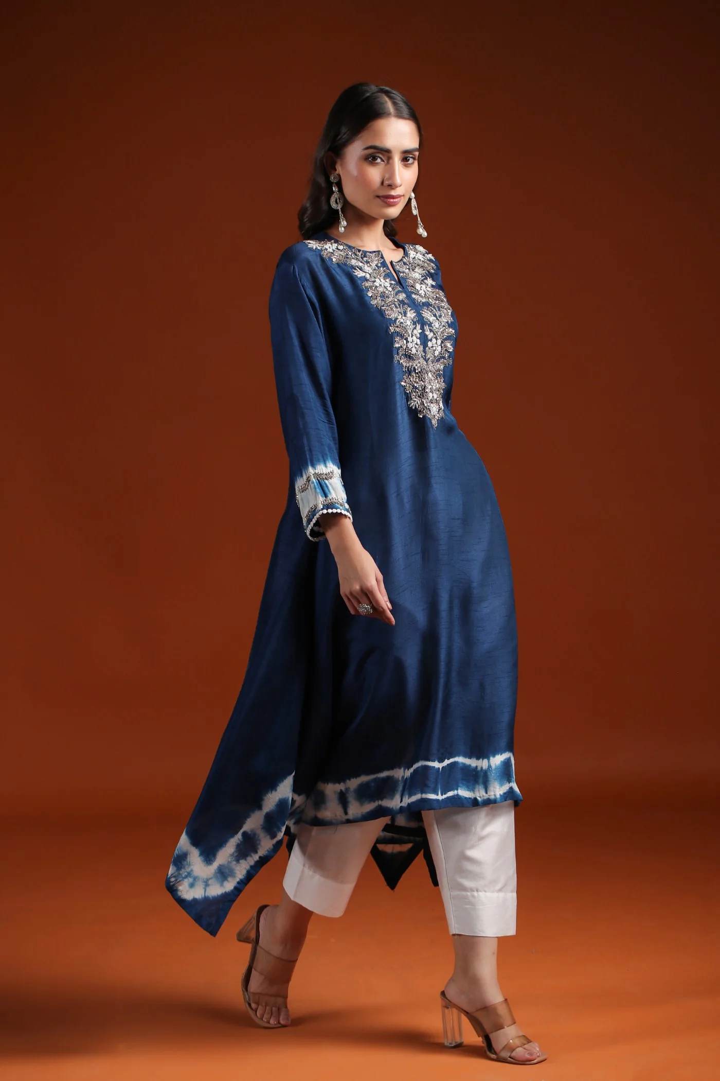 Teal Blue Tie Dyed Embellished Kurta & Pant - Image 4