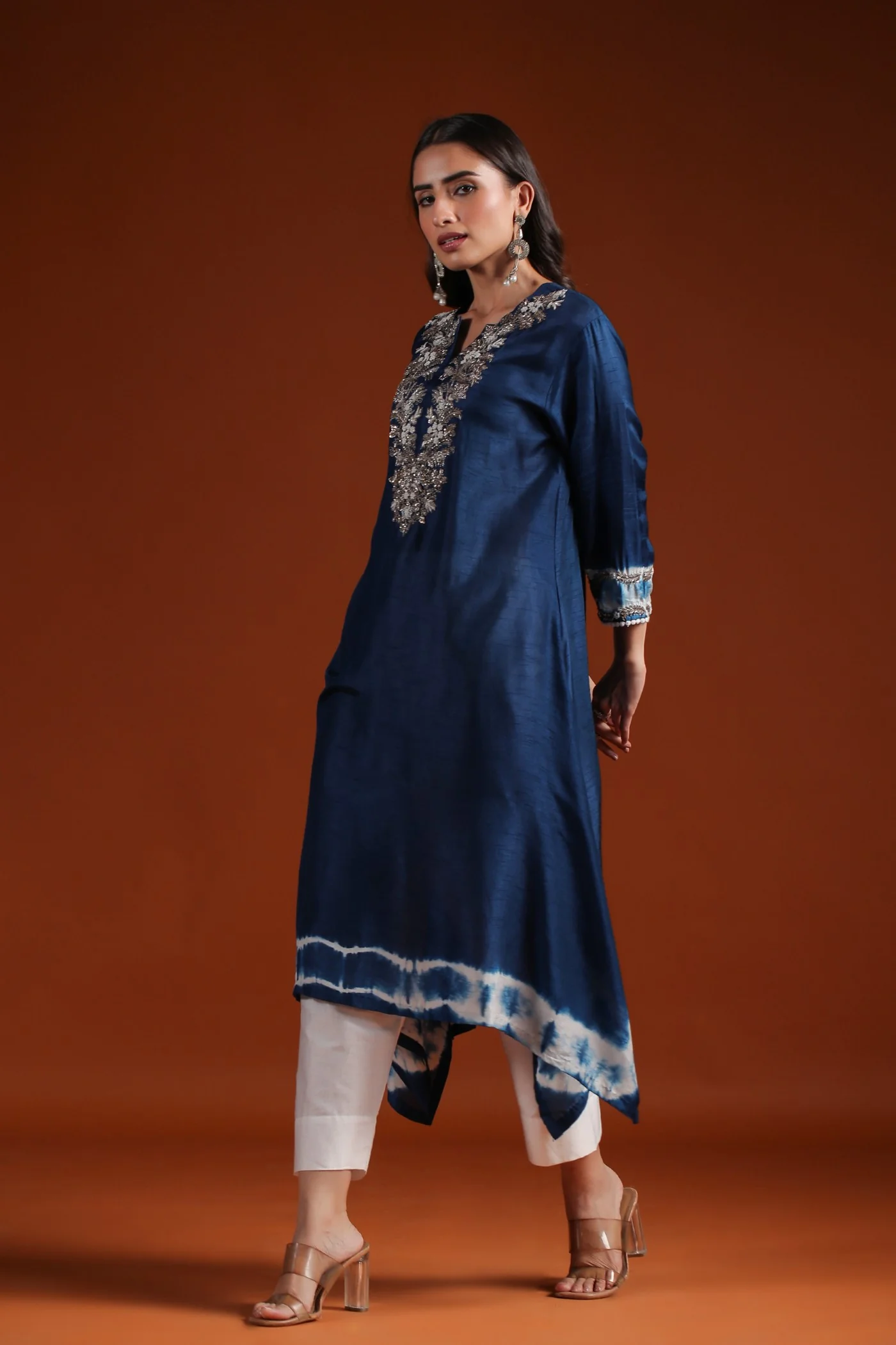 Teal Blue Tie Dyed Embellished Kurta & Pant - Image 6