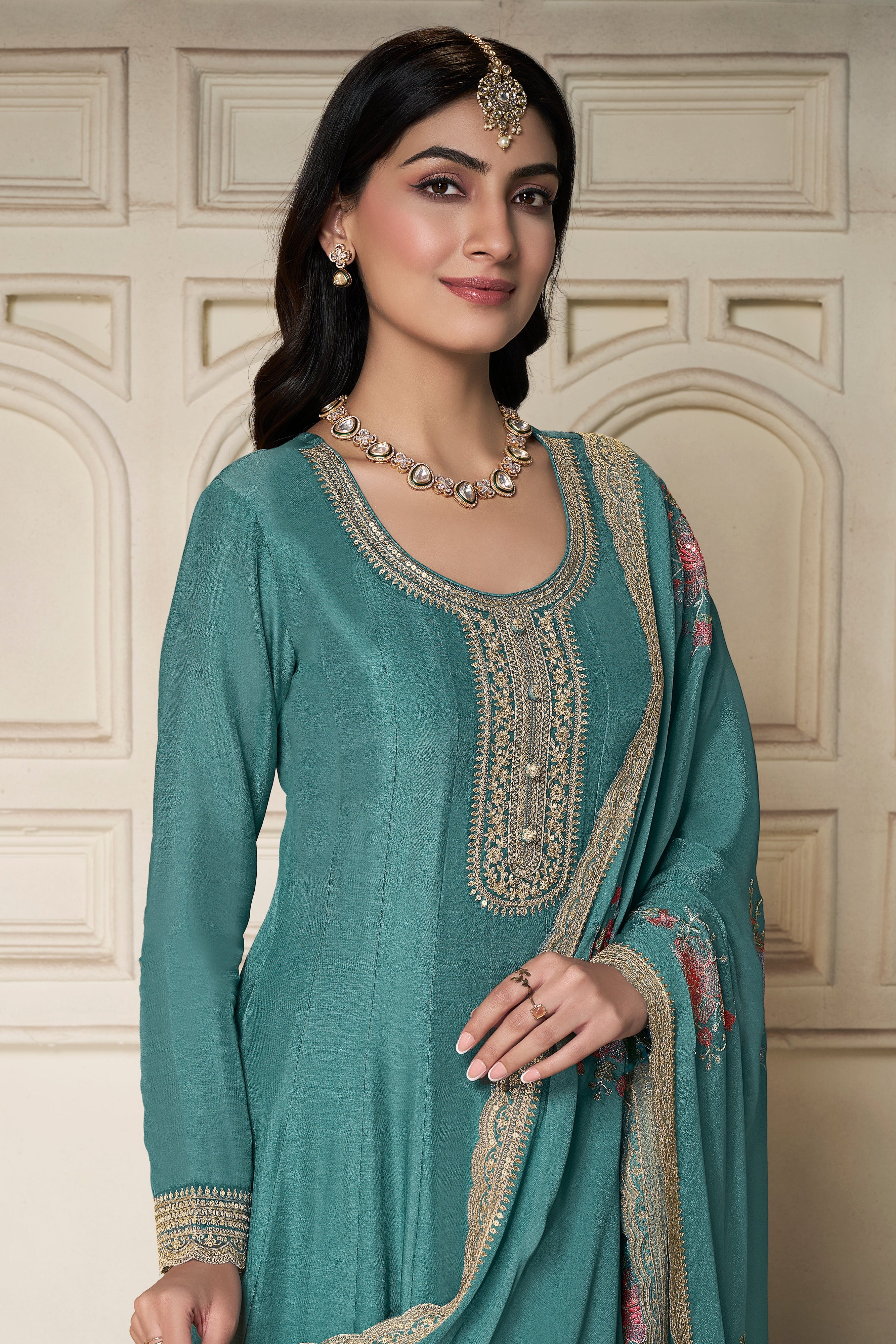 Teal Dola Silk Anarkali Set - Image 2
