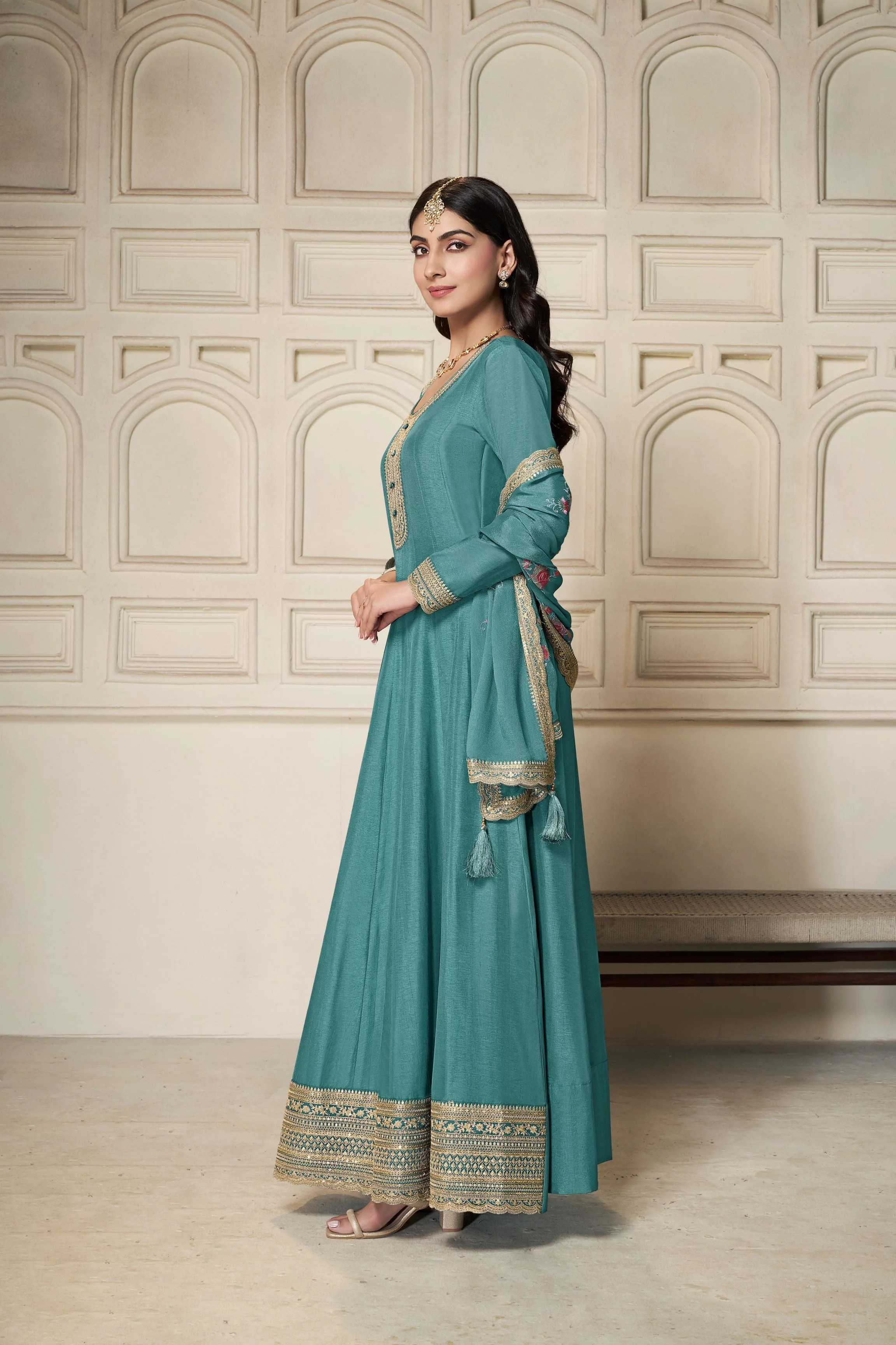 Teal Dola Silk Anarkali Set - Image 3