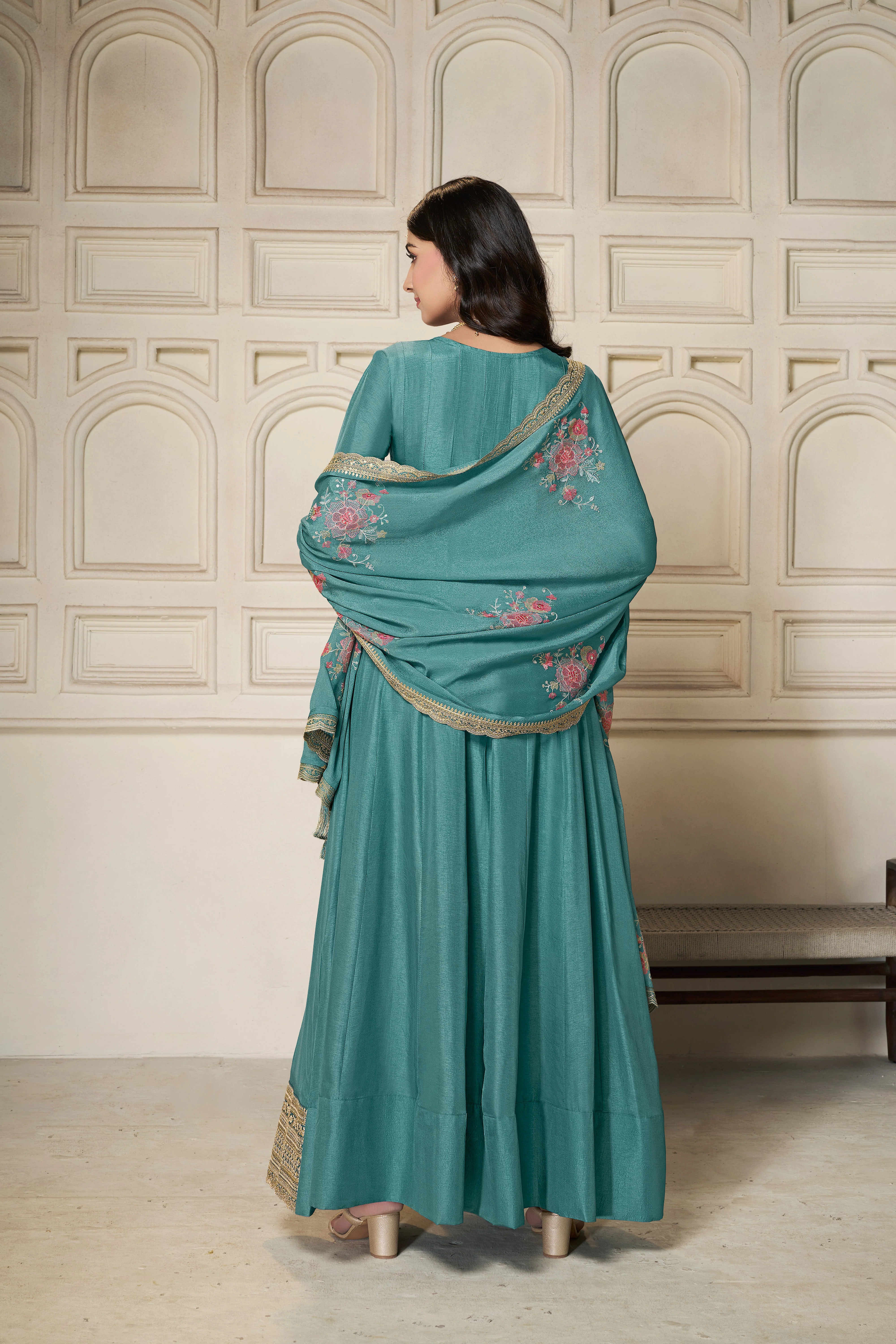 Teal Dola Silk Anarkali Set - Image 4