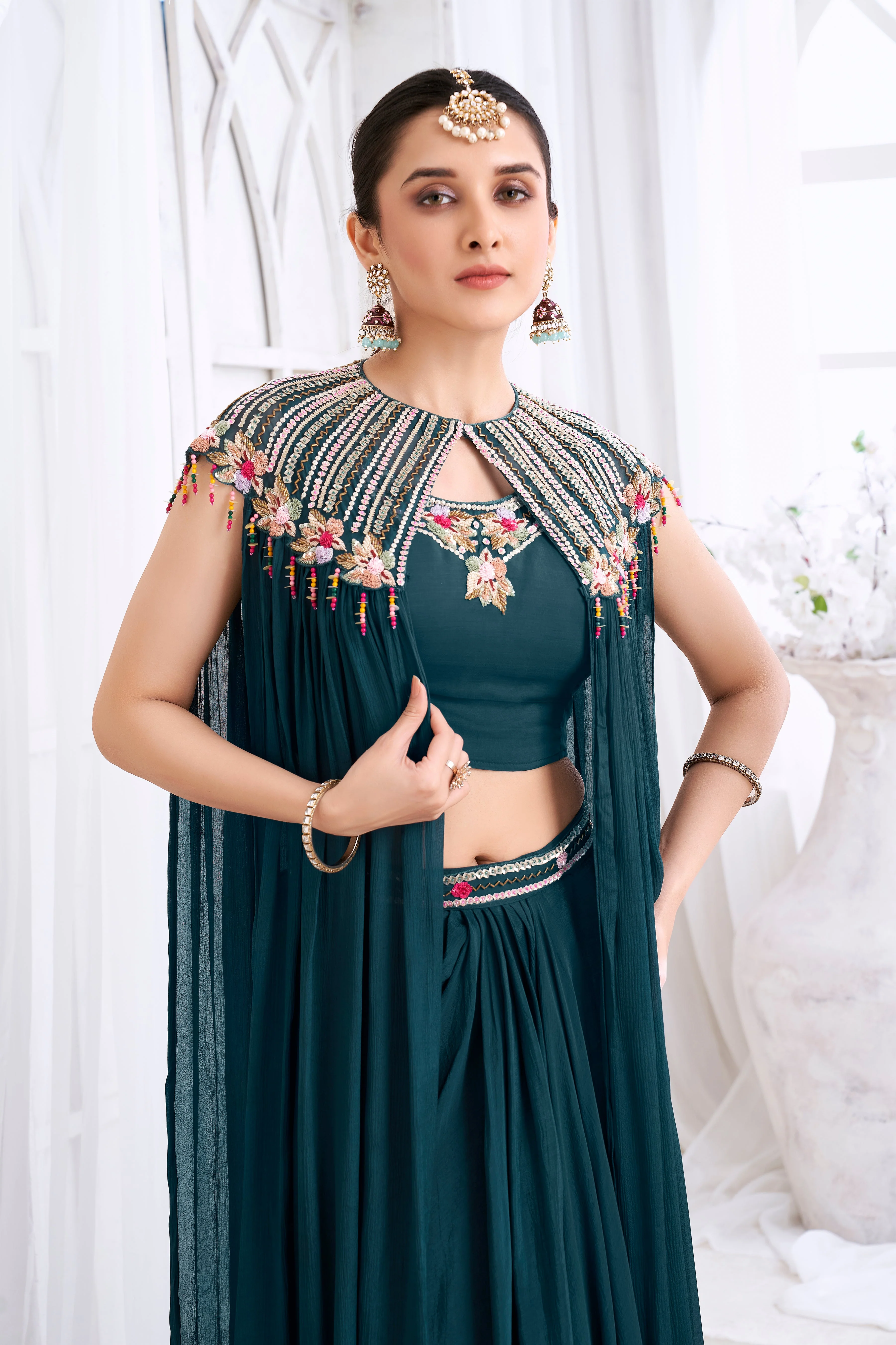 Deep Teal Embellished Chinon Silk Cape Set - Image 2